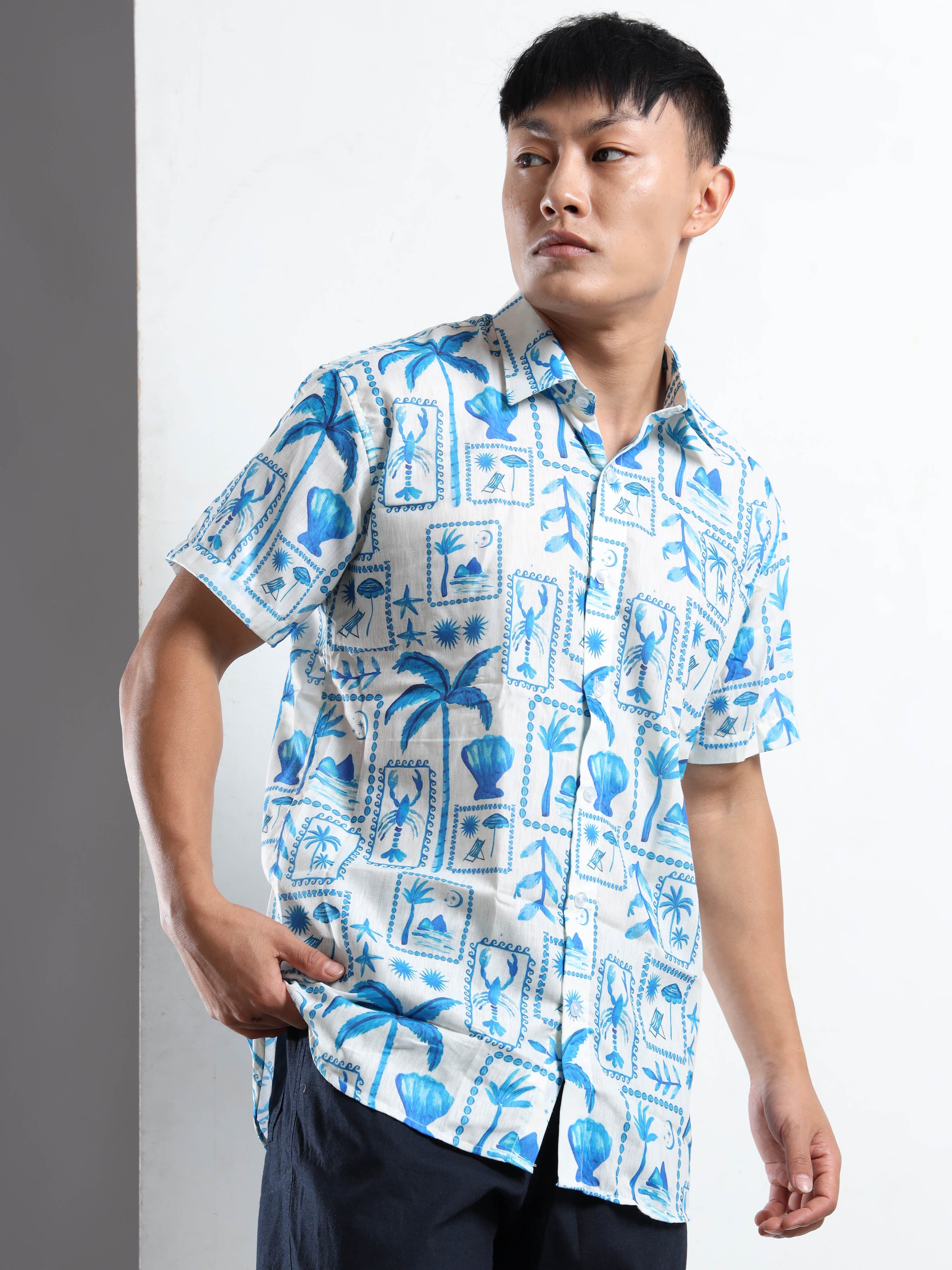 Men's Slim Fit White Blue Lobster Print Casual Shirt
