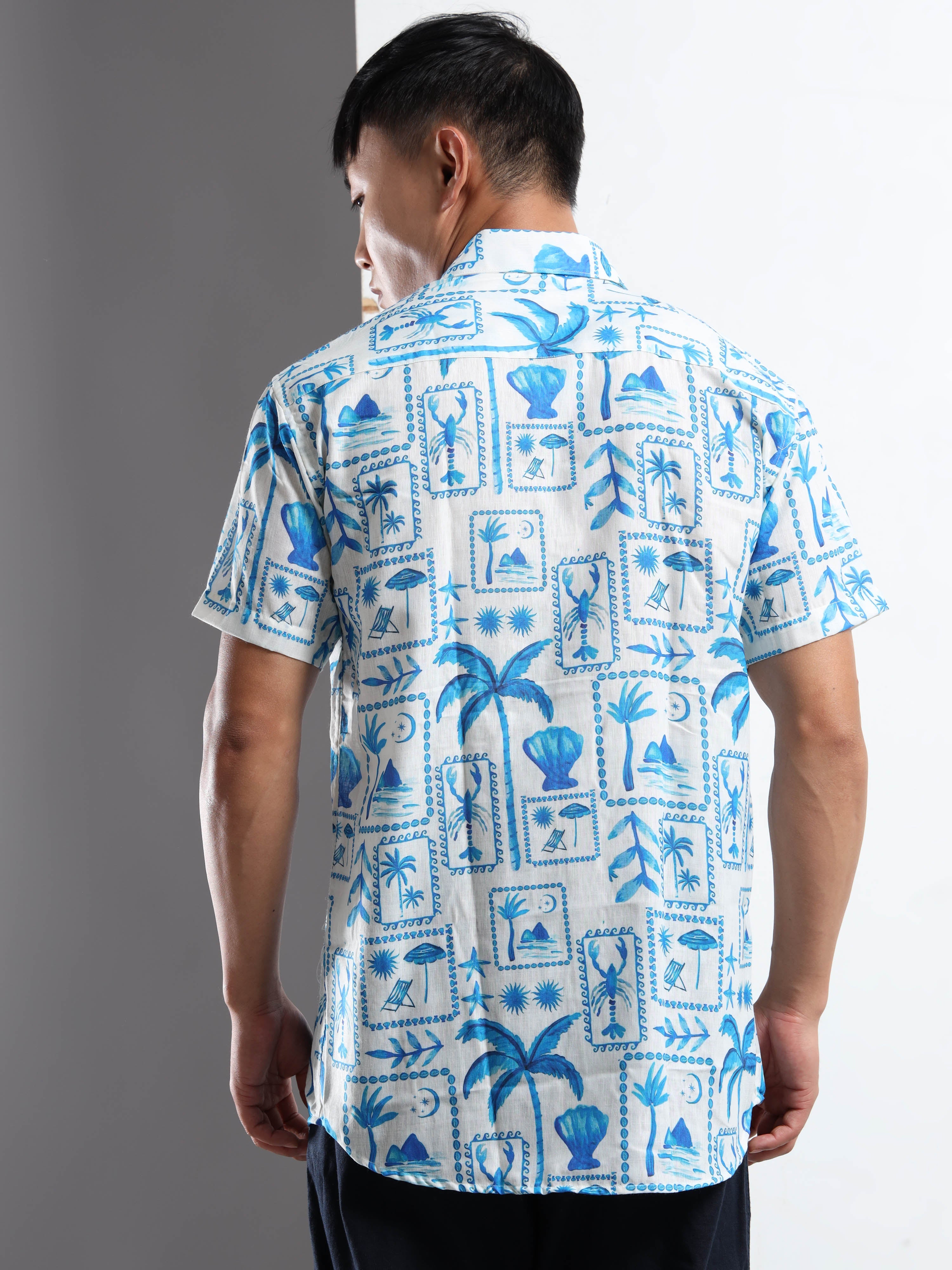 Men's Slim Fit White Blue Lobster Print Casual Shirt