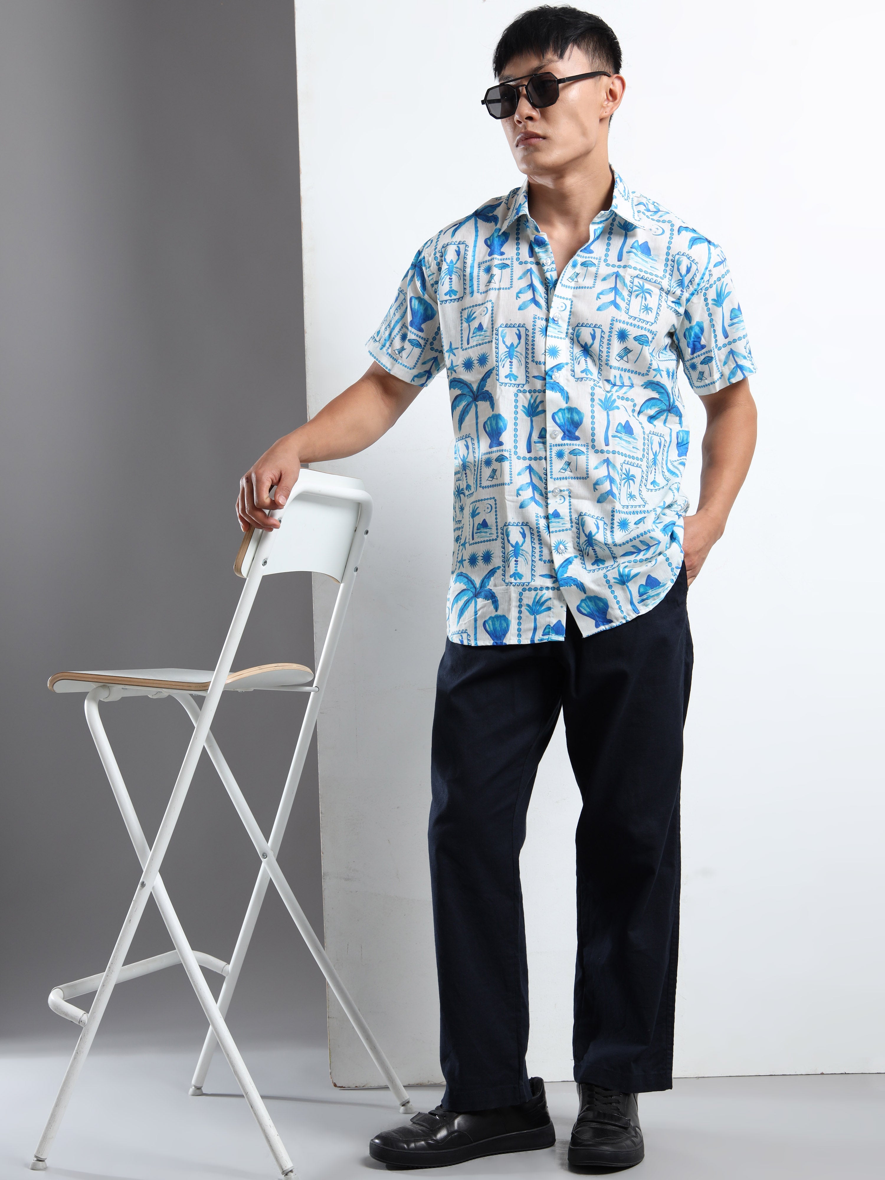 Men's Slim Fit White Blue Lobster Print Casual Shirt