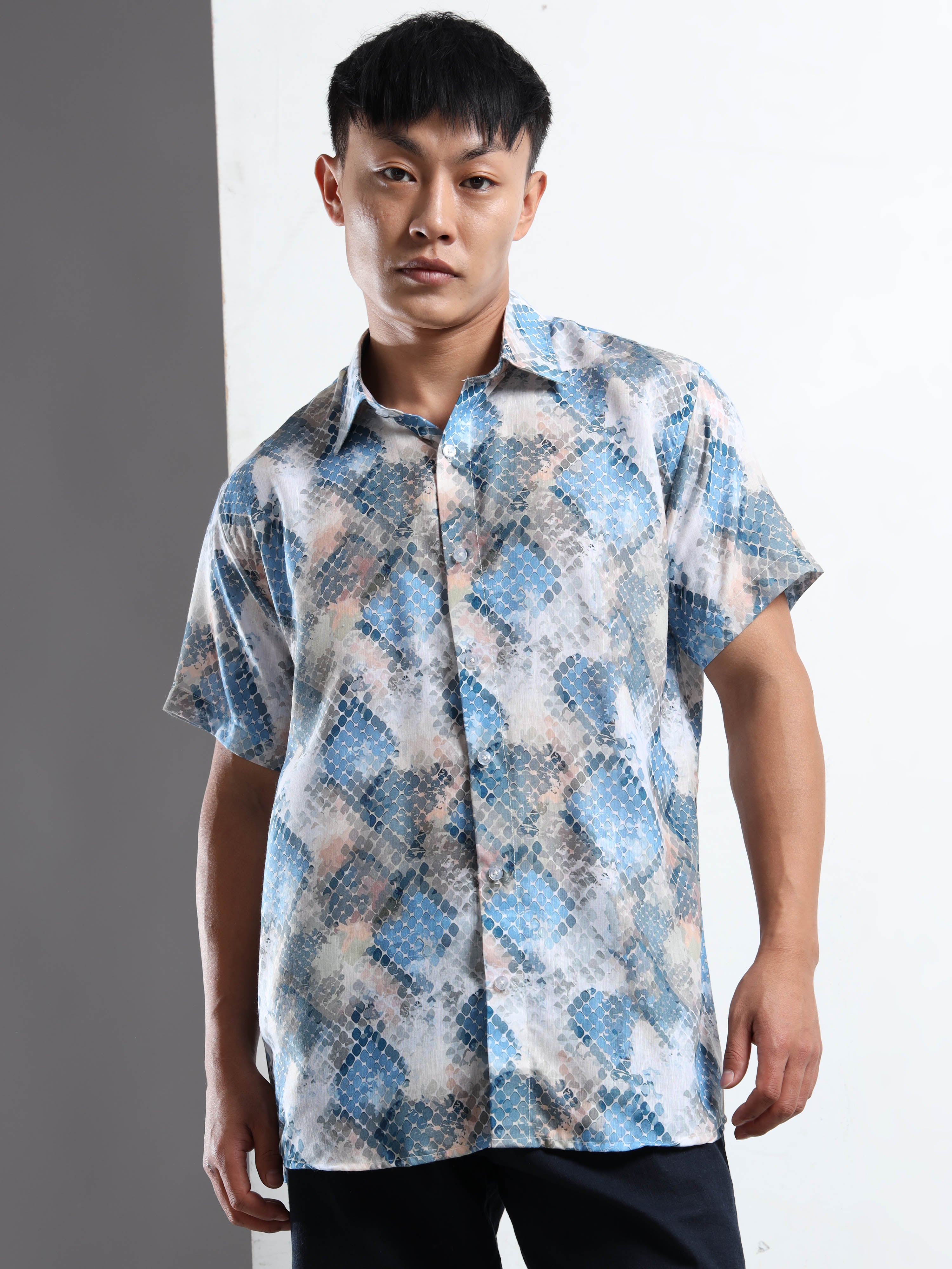 Men's Multi-Blue Snakeskin Print Short Sleeve Shirt