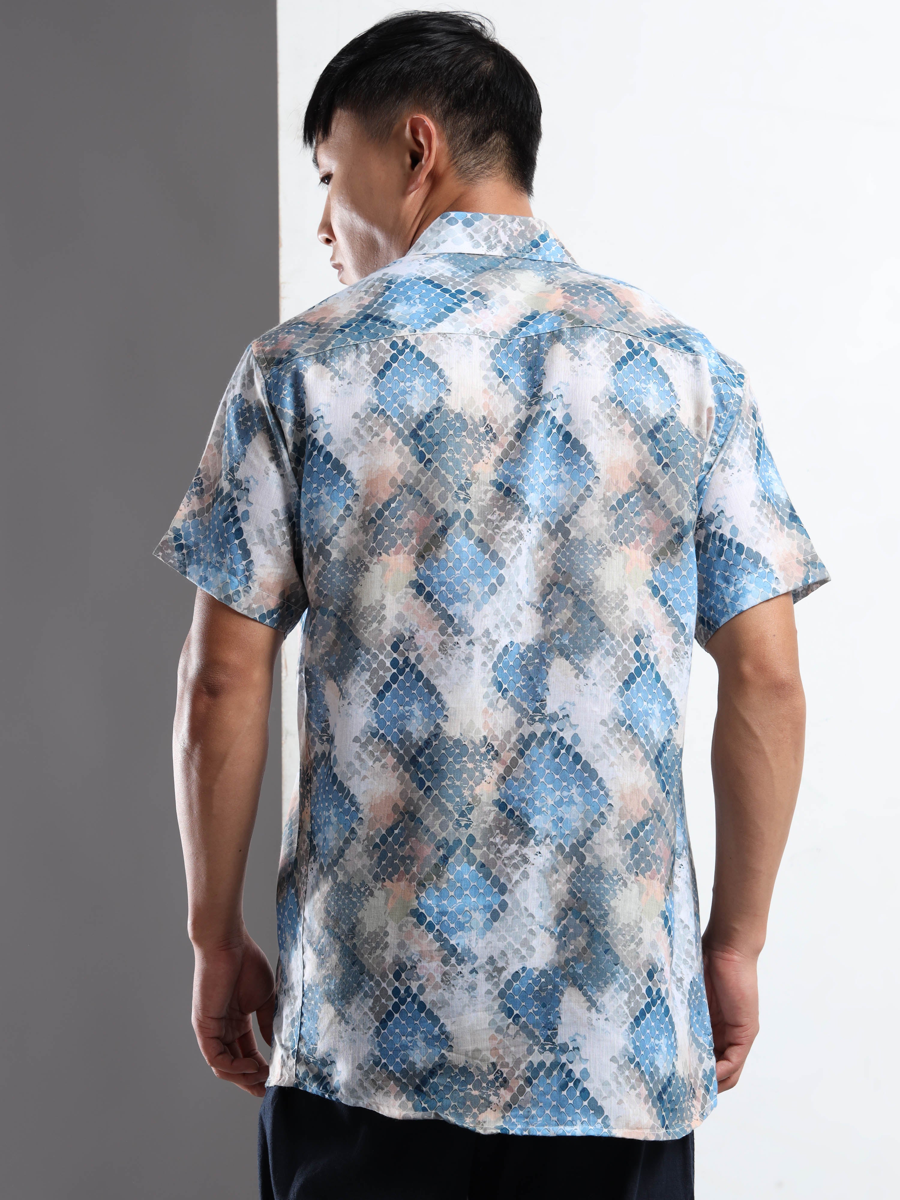 Men's Multi-Blue Snakeskin Print Short Sleeve Shirt