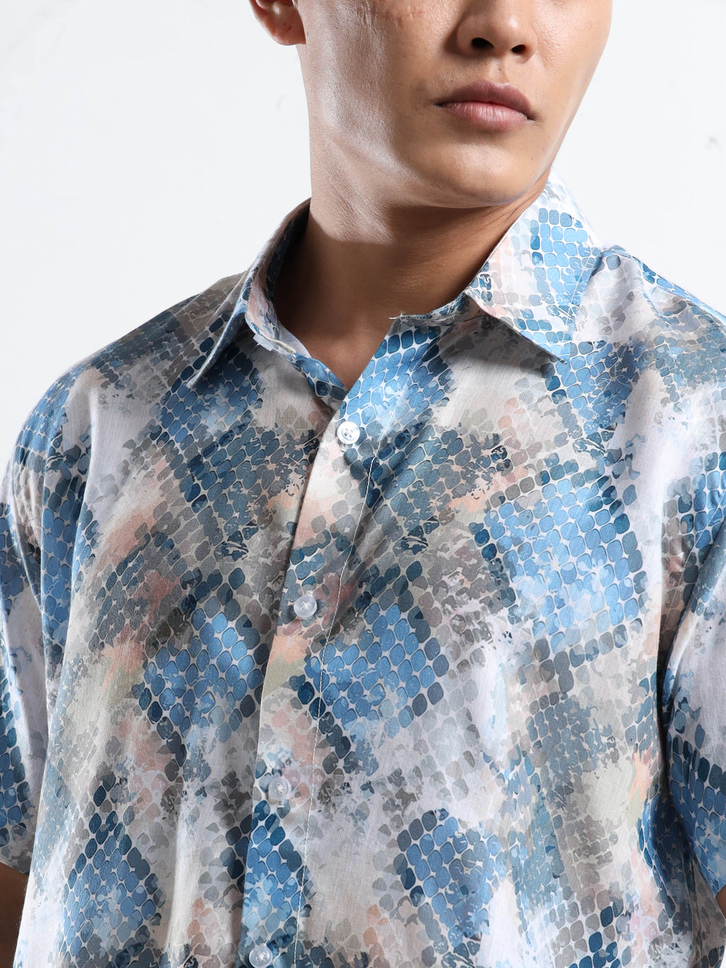 Men's Multi-Blue Snakeskin Print Short Sleeve Shirt