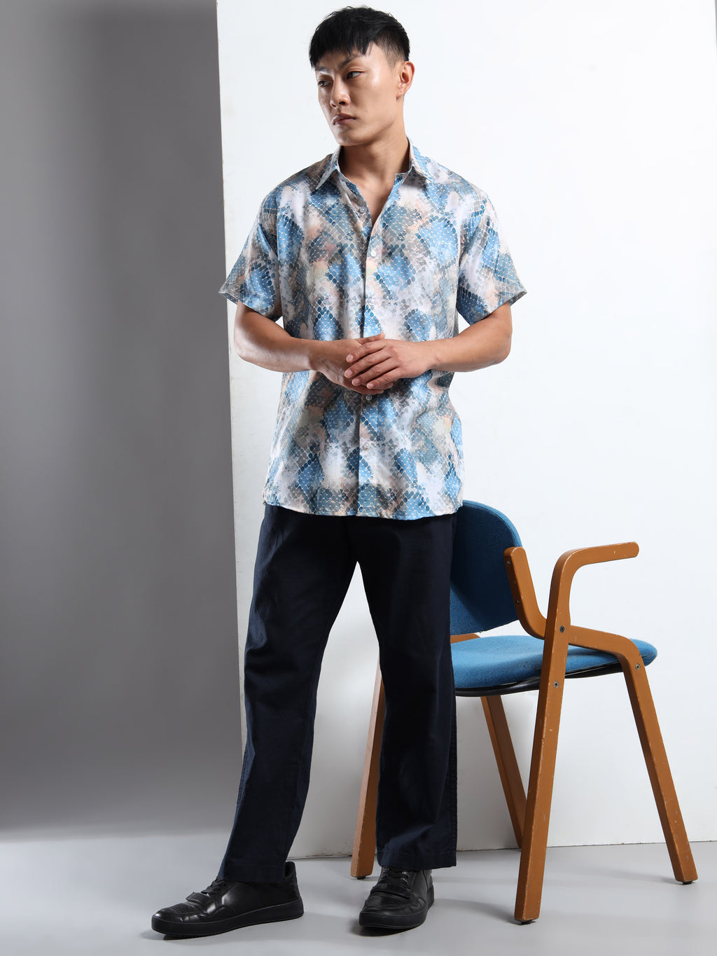 Men's Multi-Blue Snakeskin Print Short Sleeve Shirt