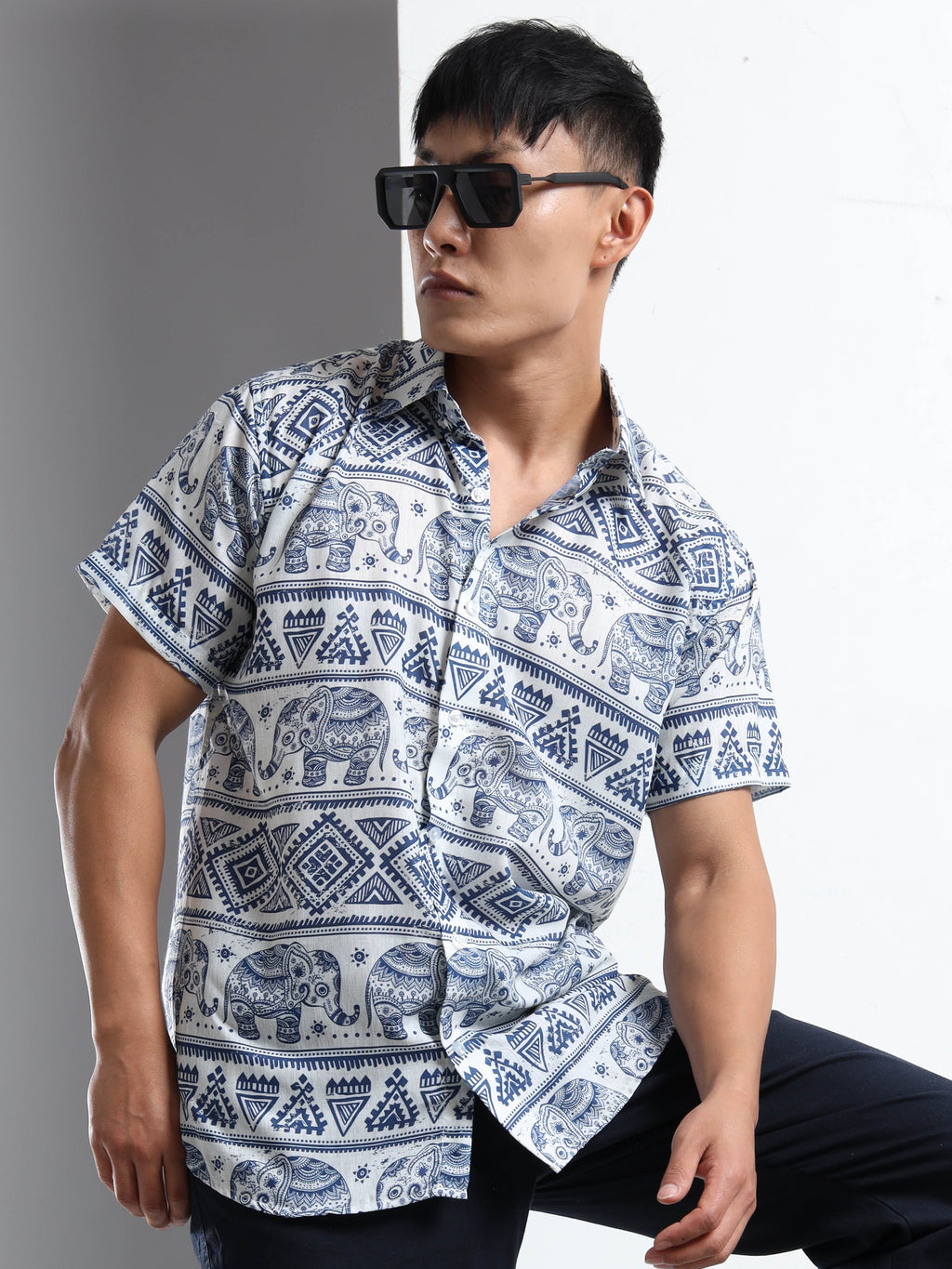 Men's White and Blue Elephant and Tribal Print Short Sleeve Shirt
