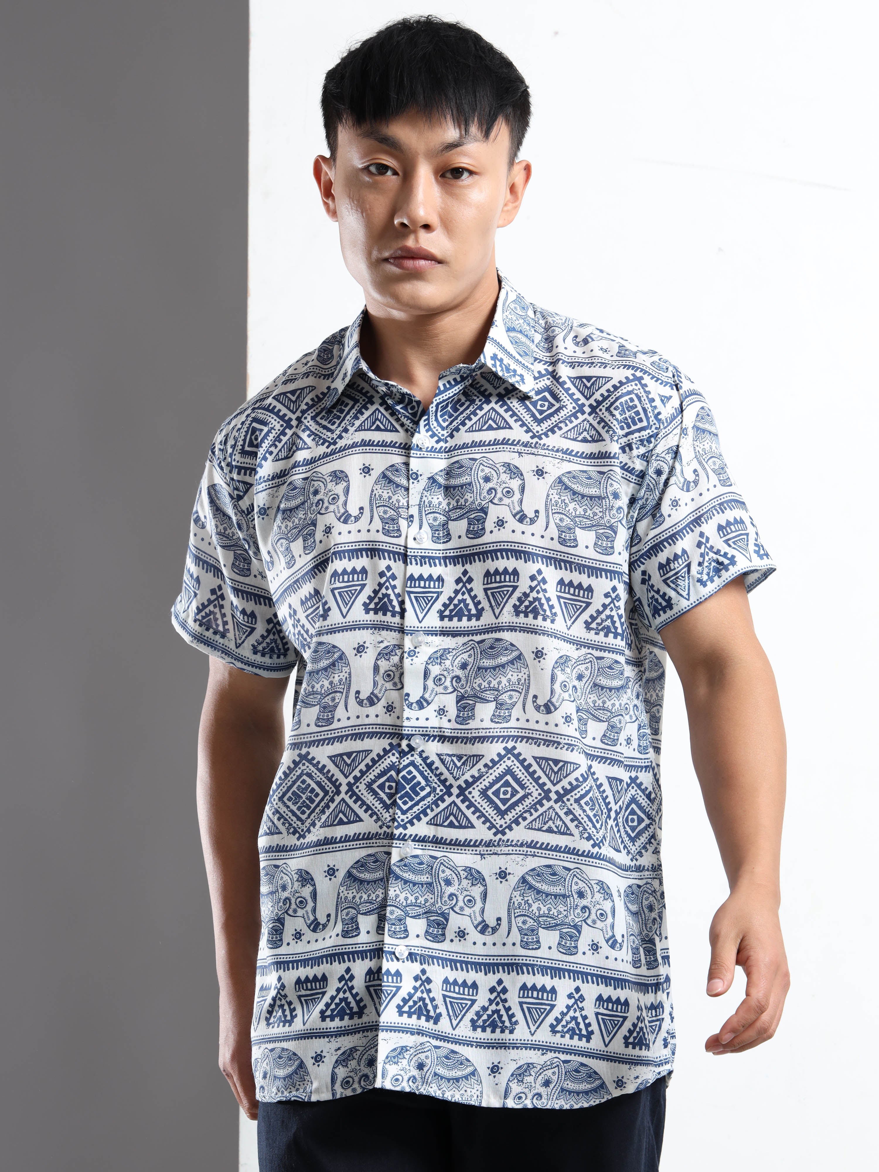 Men's White and Blue Elephant and Tribal Print Short Sleeve Shirt