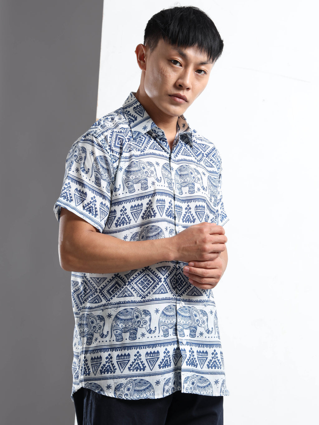 Men's White and Blue Elephant and Tribal Print Short Sleeve Shirt
