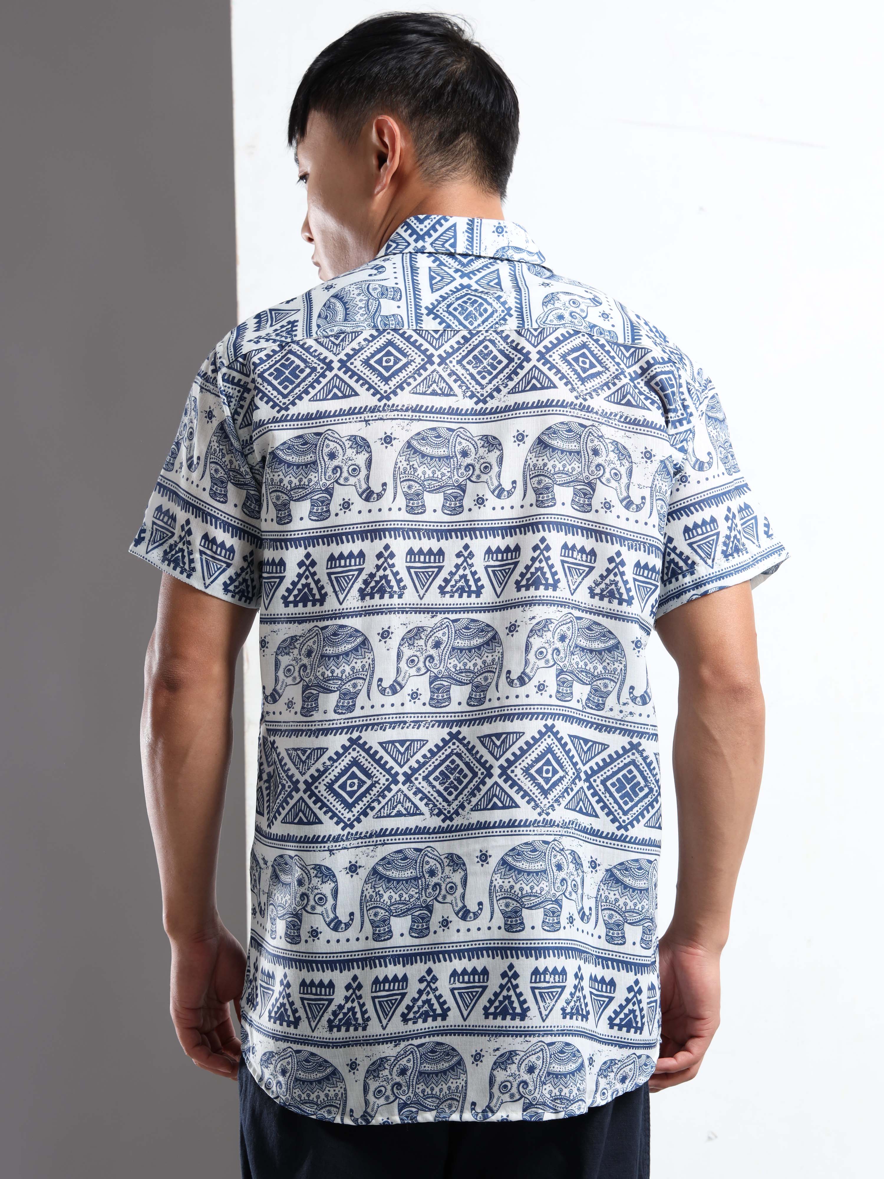 Men's White and Blue Elephant and Tribal Print Short Sleeve Shirt