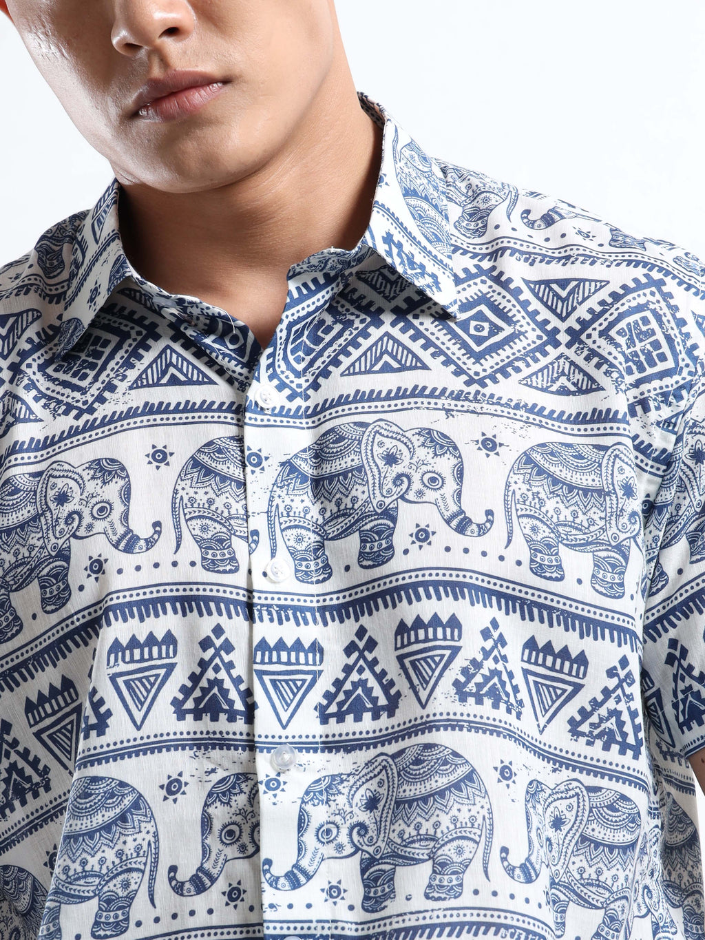 Men's White and Blue Elephant and Tribal Print Short Sleeve Shirt