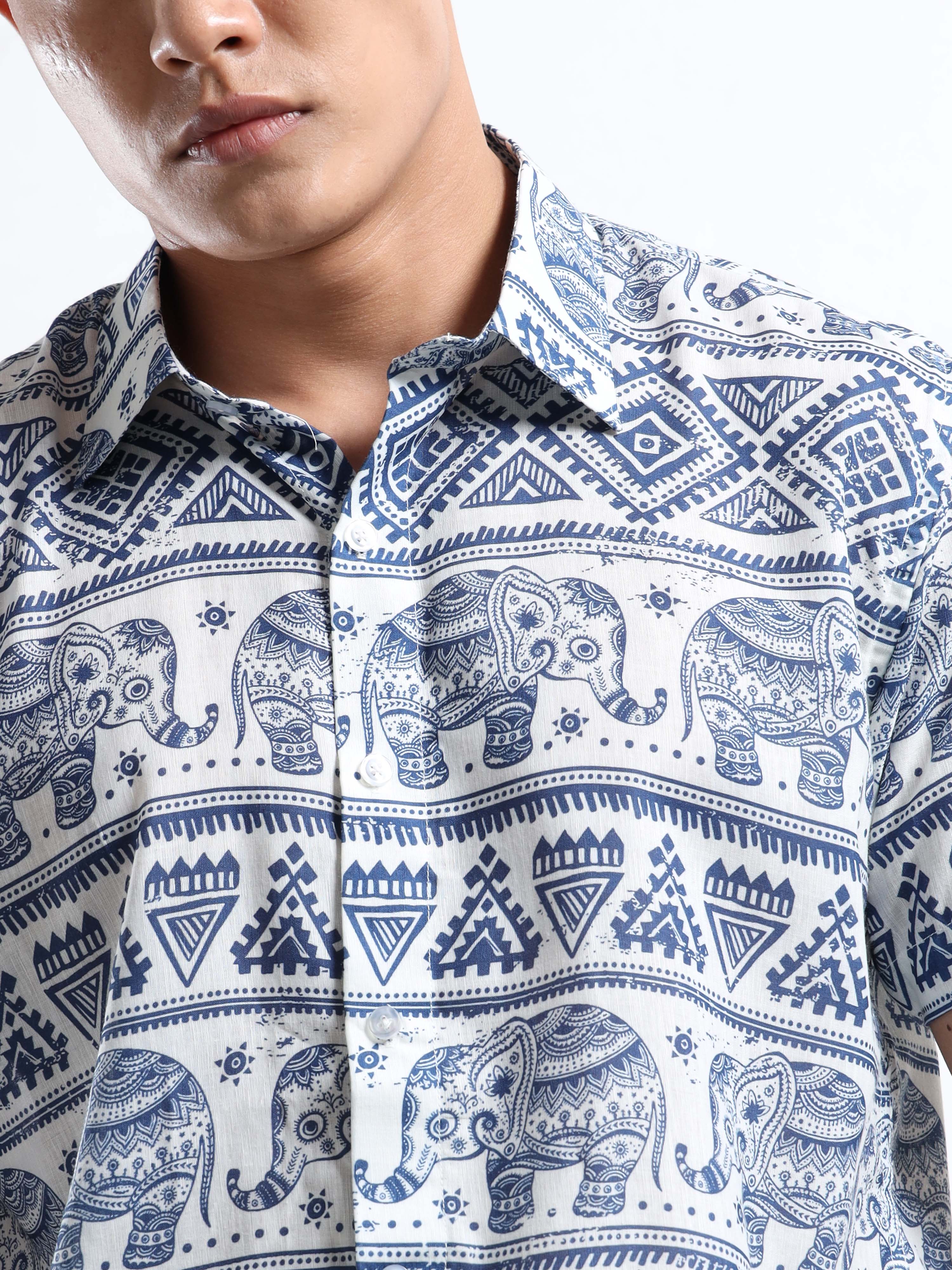 Men's White and Blue Elephant and Tribal Print Short Sleeve Shirt