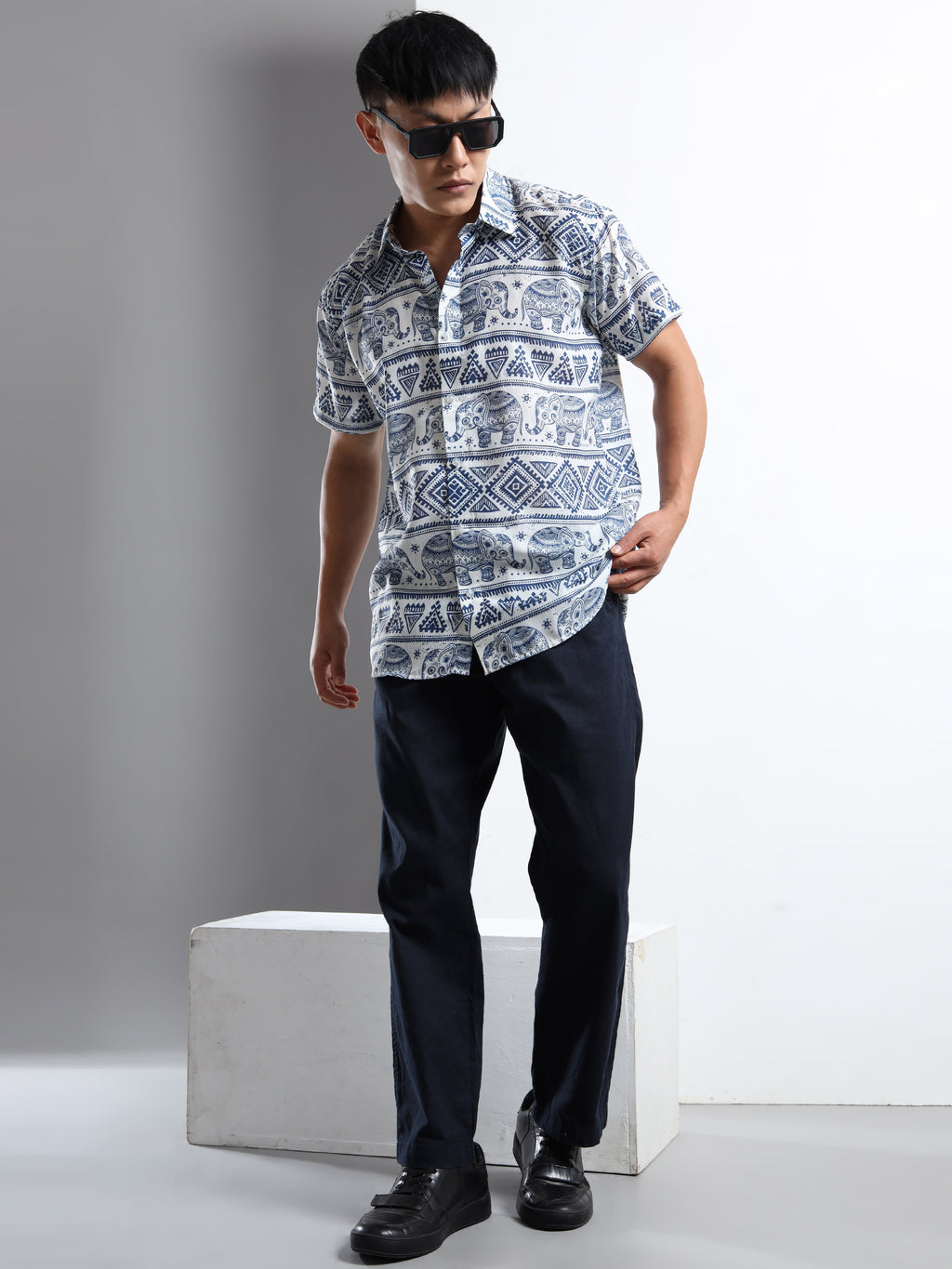 Men's White and Blue Elephant and Tribal Print Short Sleeve Shirt