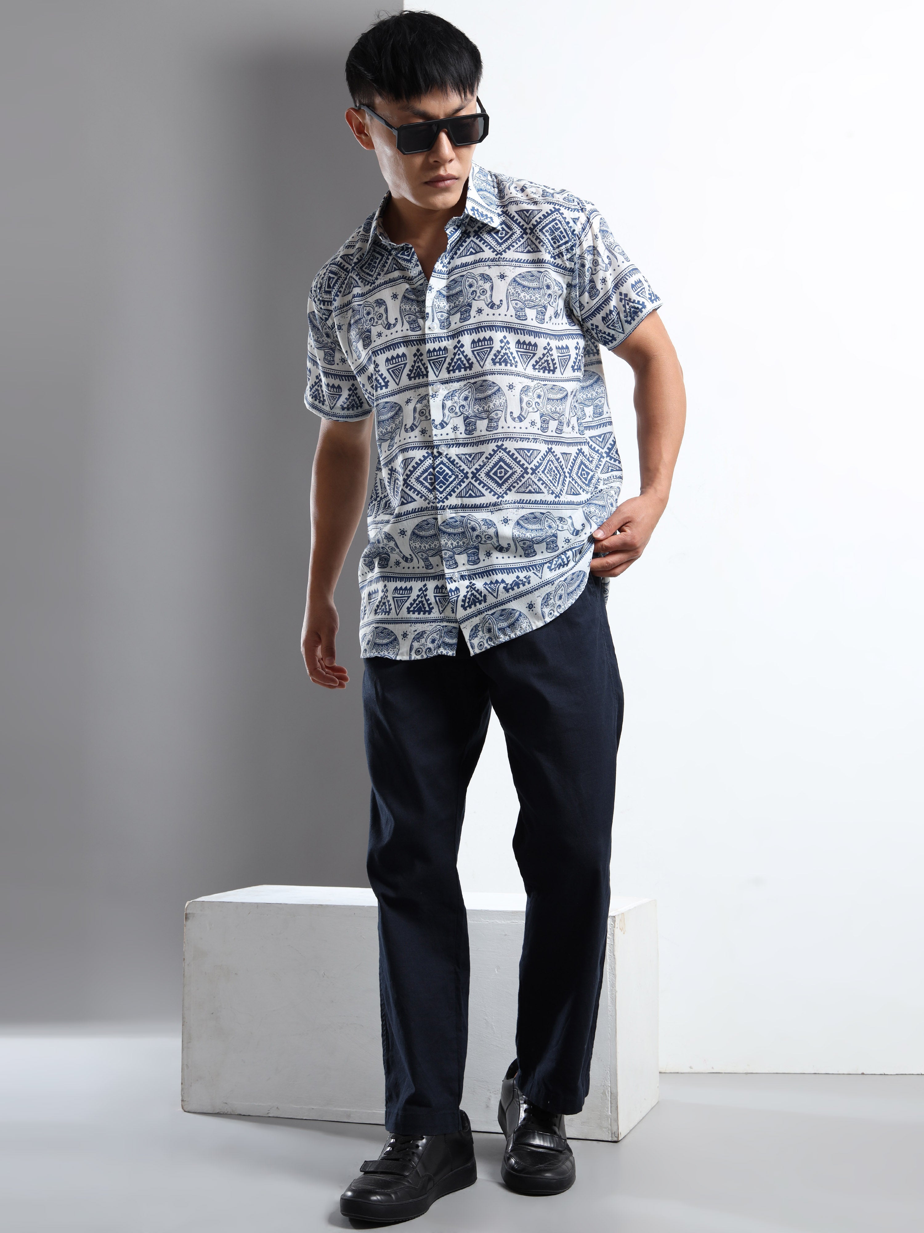 Men's White and Blue Elephant and Tribal Print Short Sleeve Shirt