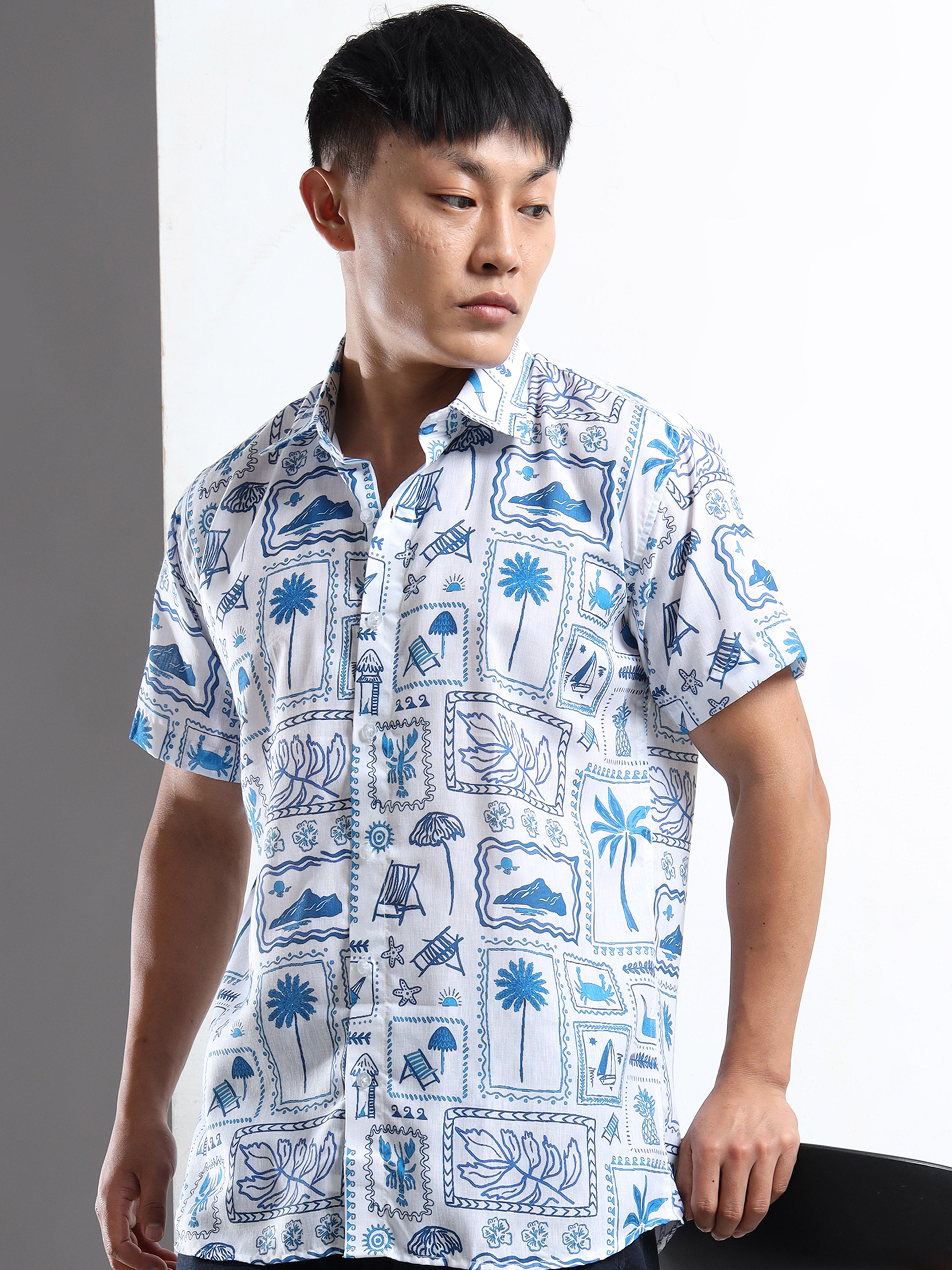Men's Slim Fit White Blue Tropical Block Print Casual Shirt