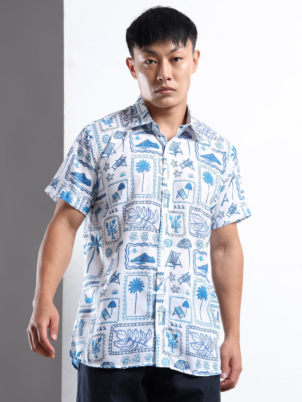 Men's Slim Fit White Blue Tropical Block Print Casual Shirt