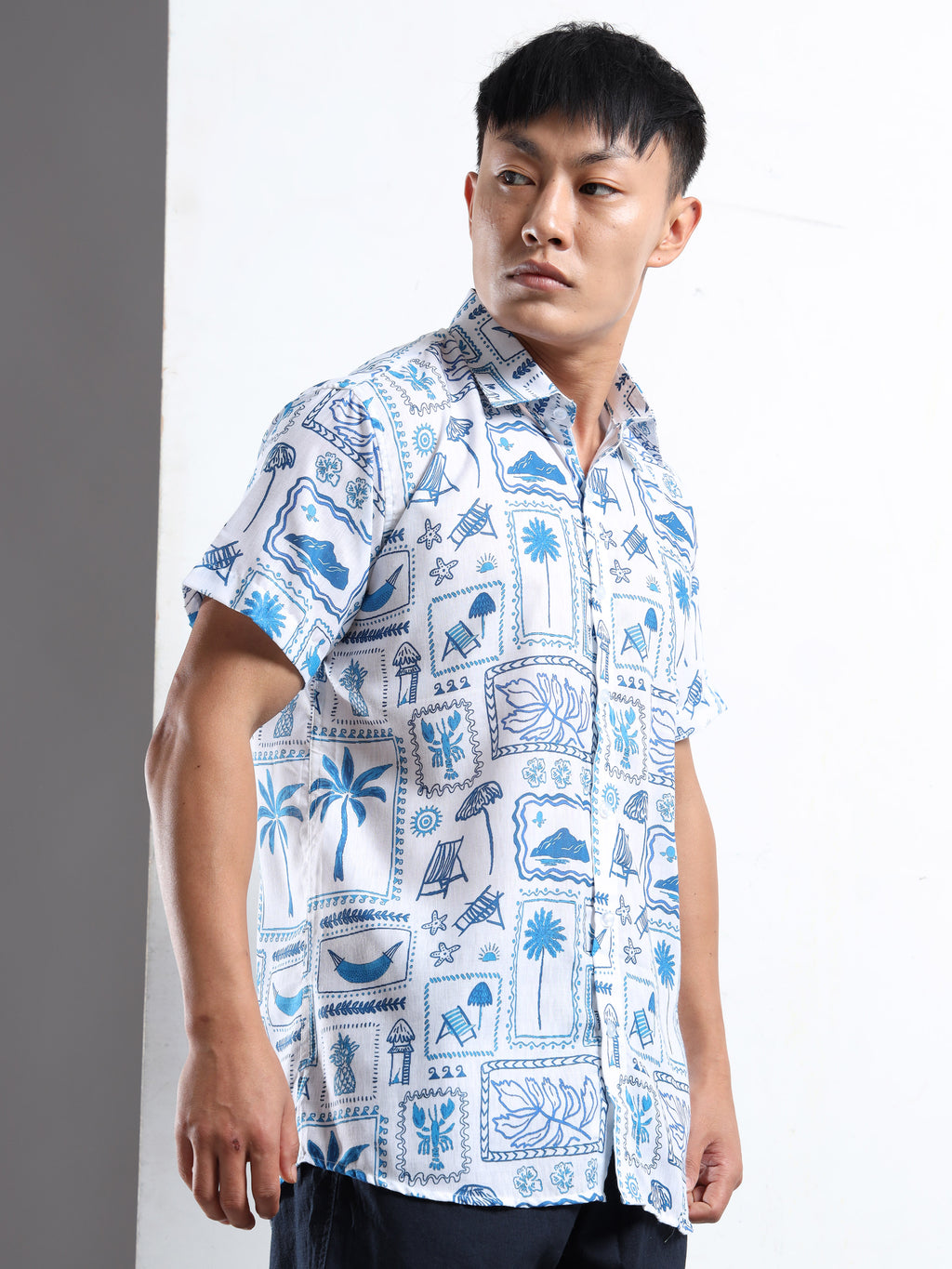 Men's Slim Fit White Blue Tropical Block Print Casual Shirt