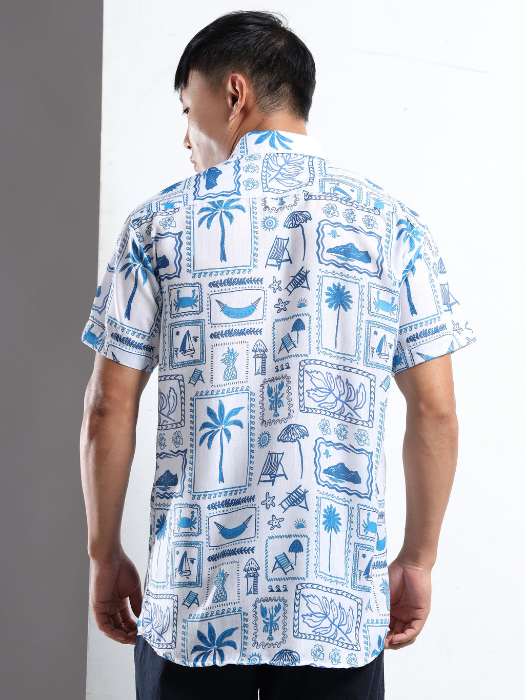 Men's Slim Fit White Blue Tropical Block Print Casual Shirt