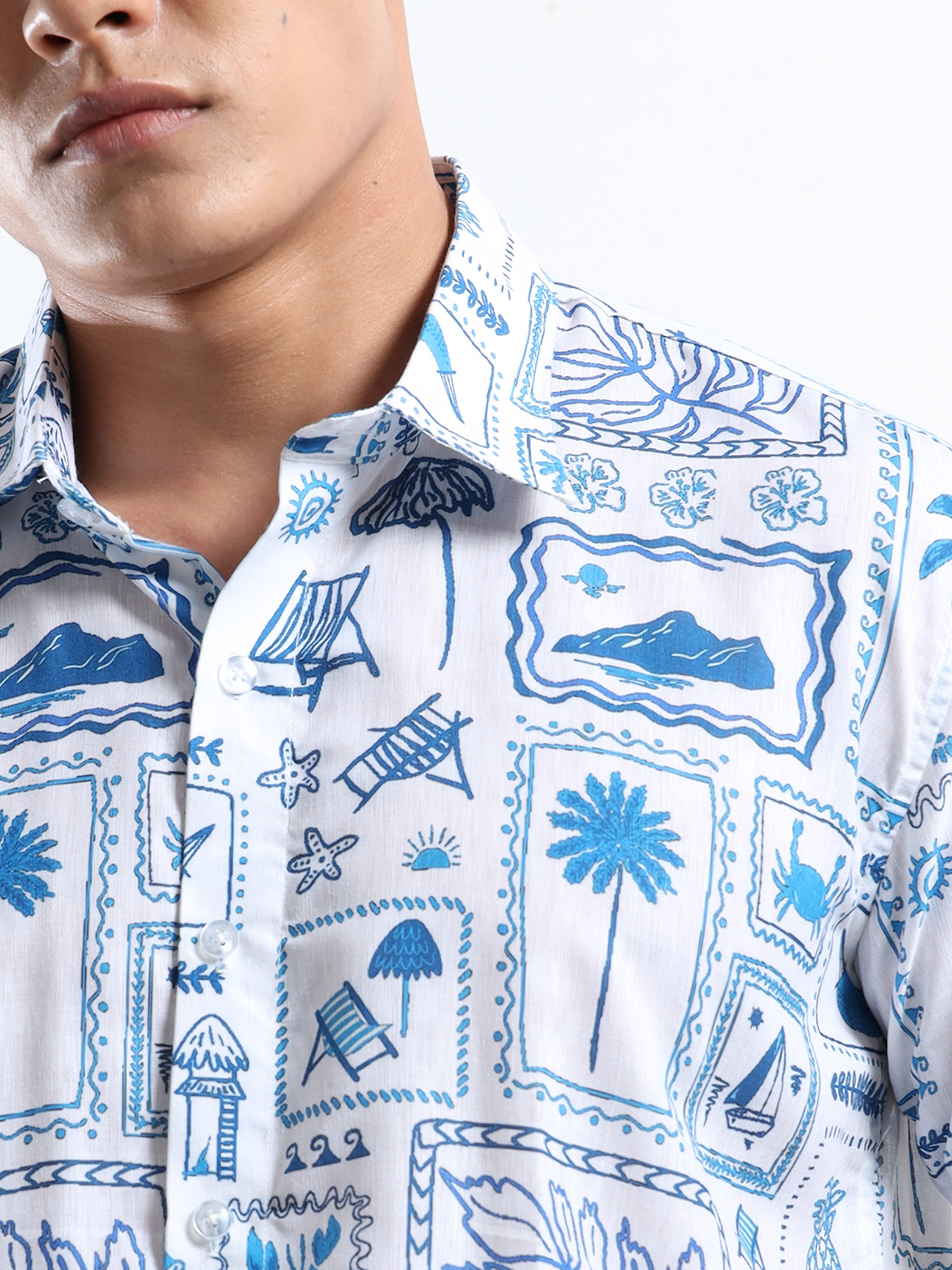 Men's Slim Fit White Blue Tropical Block Print Casual Shirt