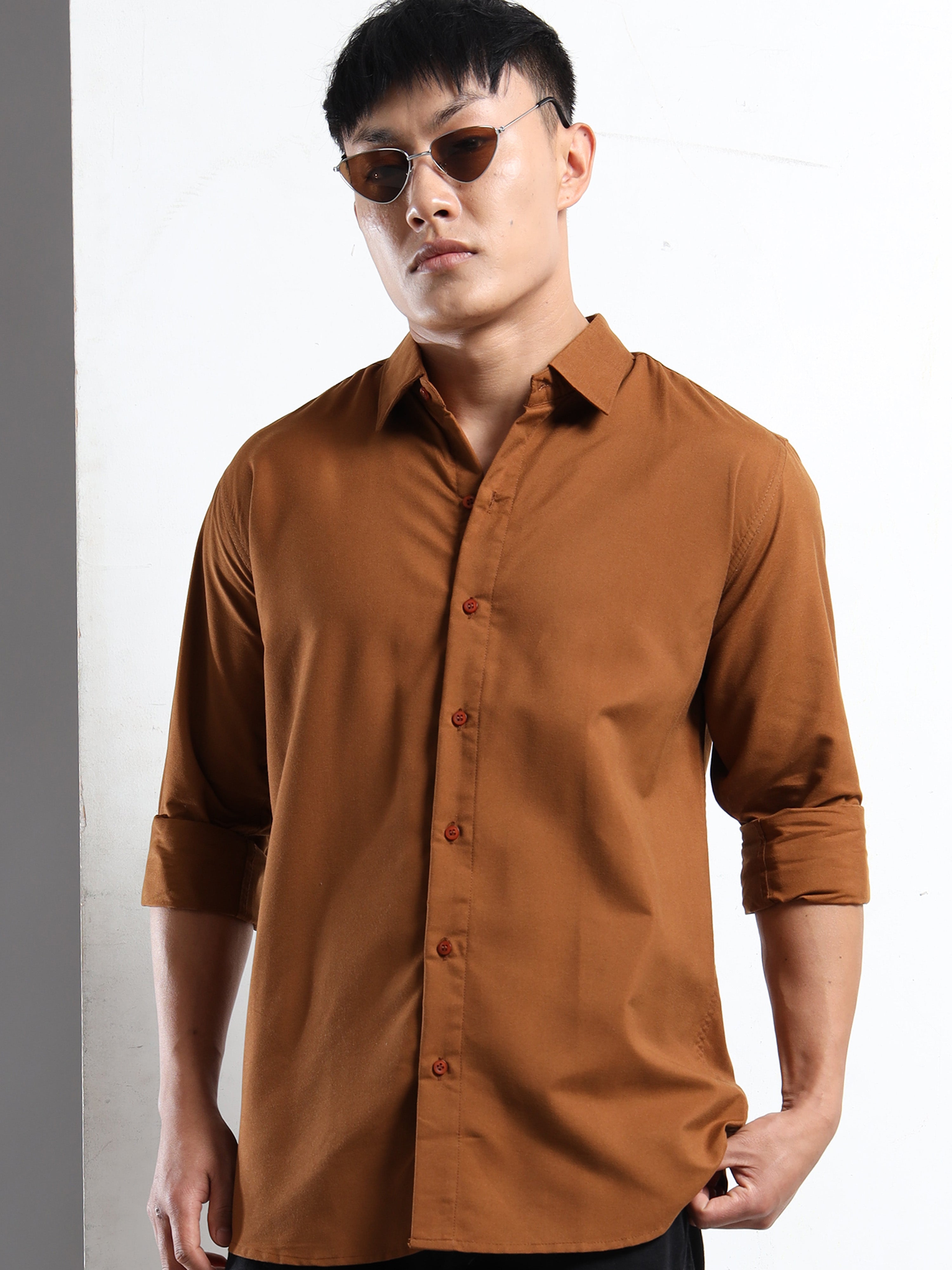 Dark Brown Men Slim Fit Casual Solid Shirt