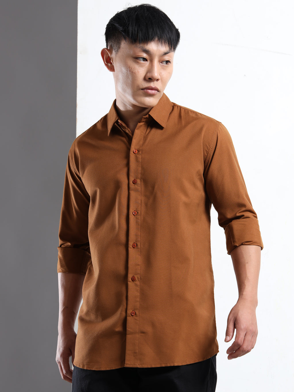 Dark Brown Men Slim Fit Casual Solid Shirt