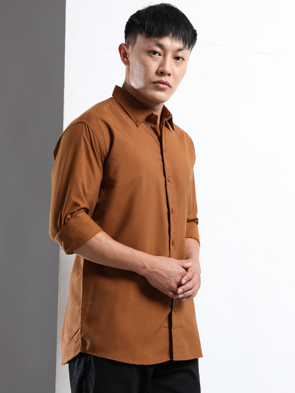 Dark Brown Men Slim Fit Casual Solid Shirt