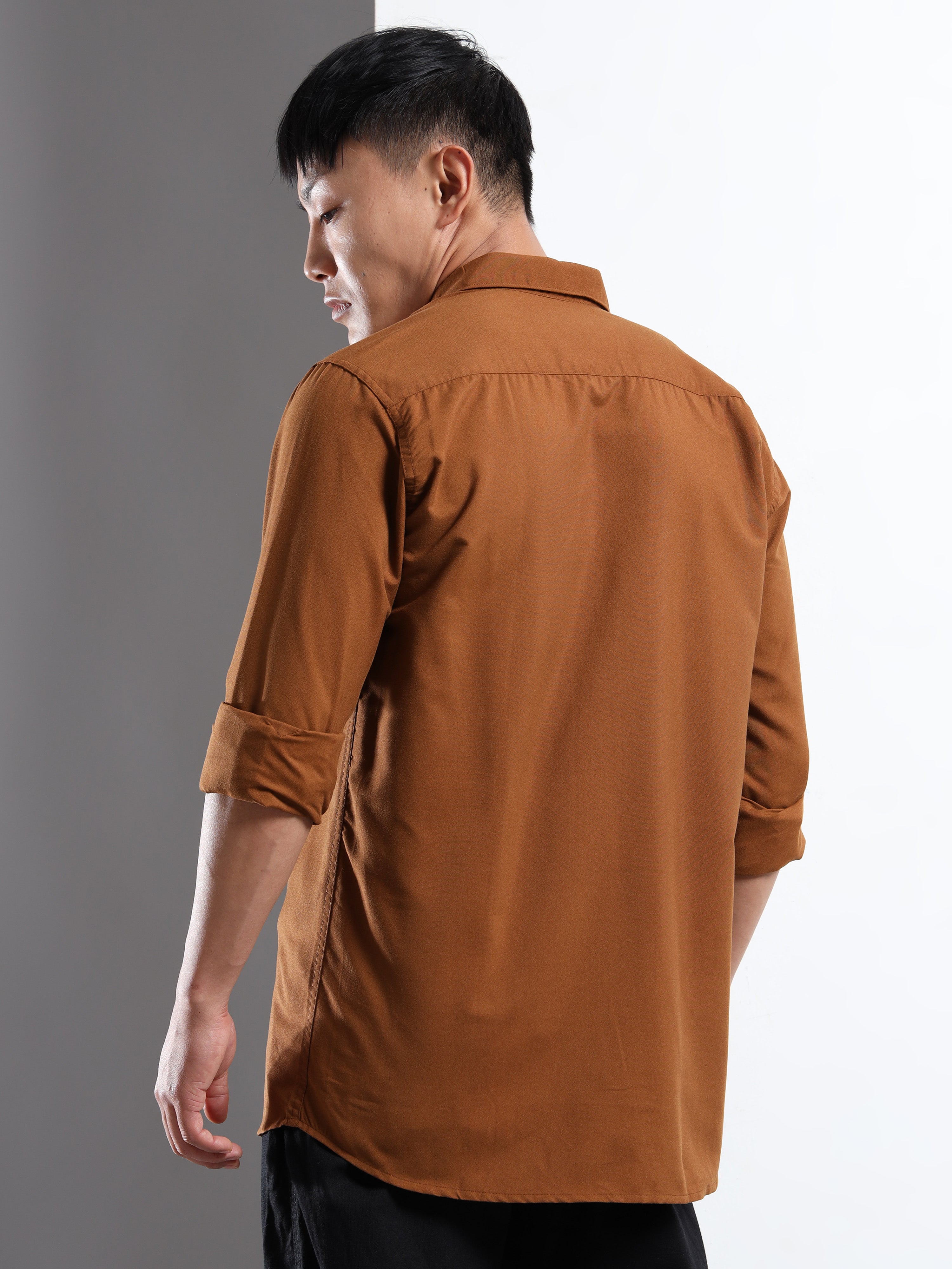 Dark Brown Men Slim Fit Casual Solid Shirt