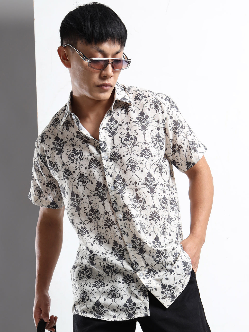 Men's Slim Fit Beige Black Damask Floral Printed Casual Shirt