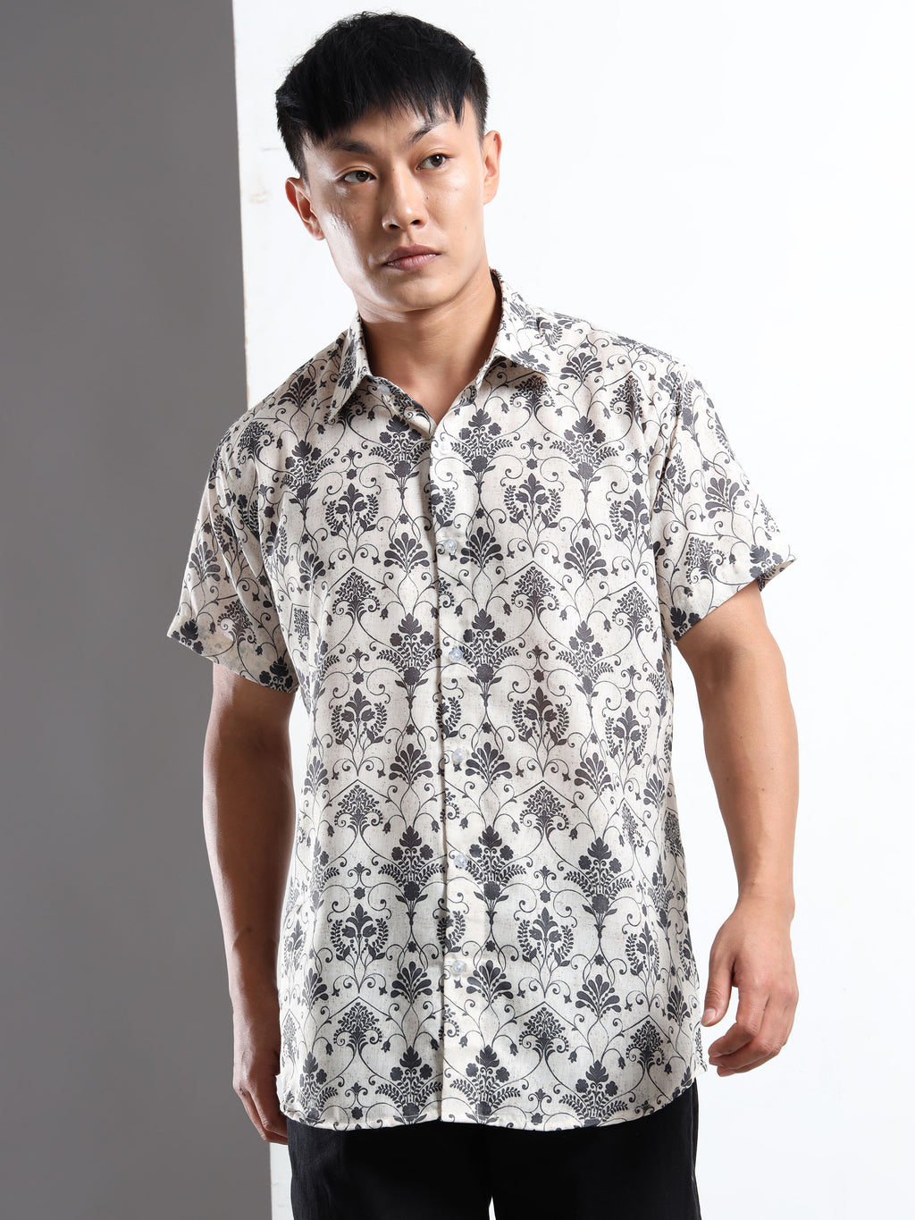Men's Slim Fit Beige Black Damask Floral Printed Casual Shirt