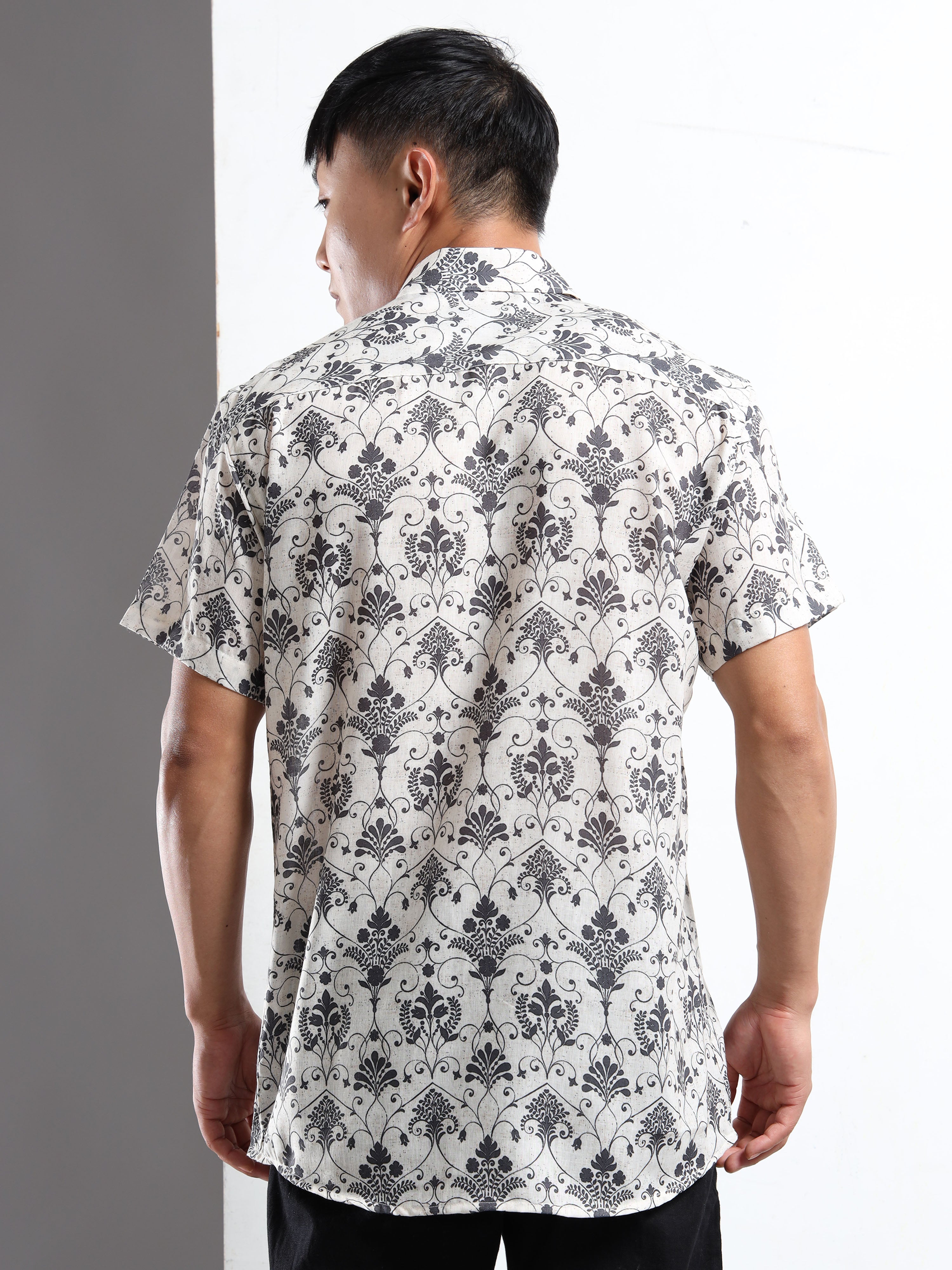Men's Slim Fit Beige Black Damask Floral Printed Casual Shirt