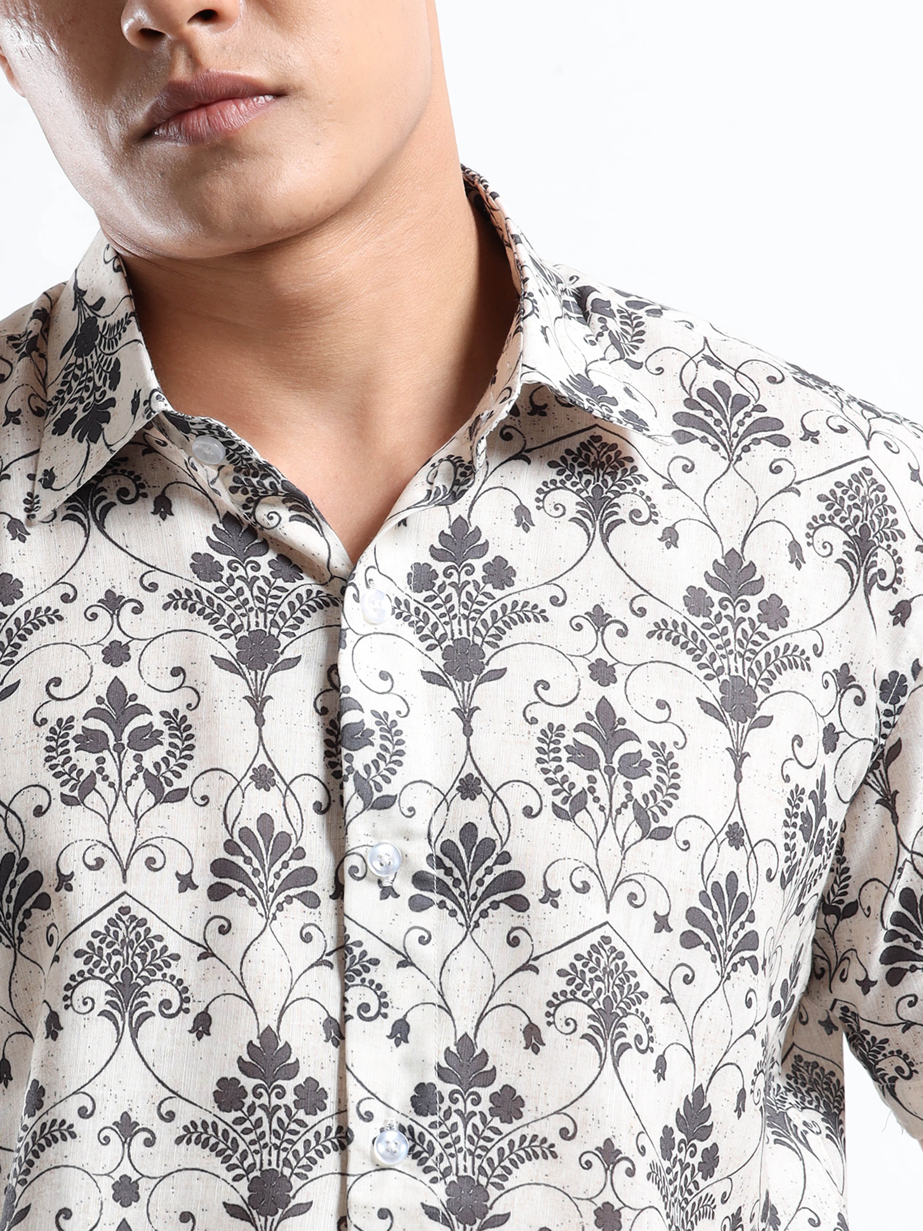Men's Slim Fit Beige Black Damask Floral Printed Casual Shirt