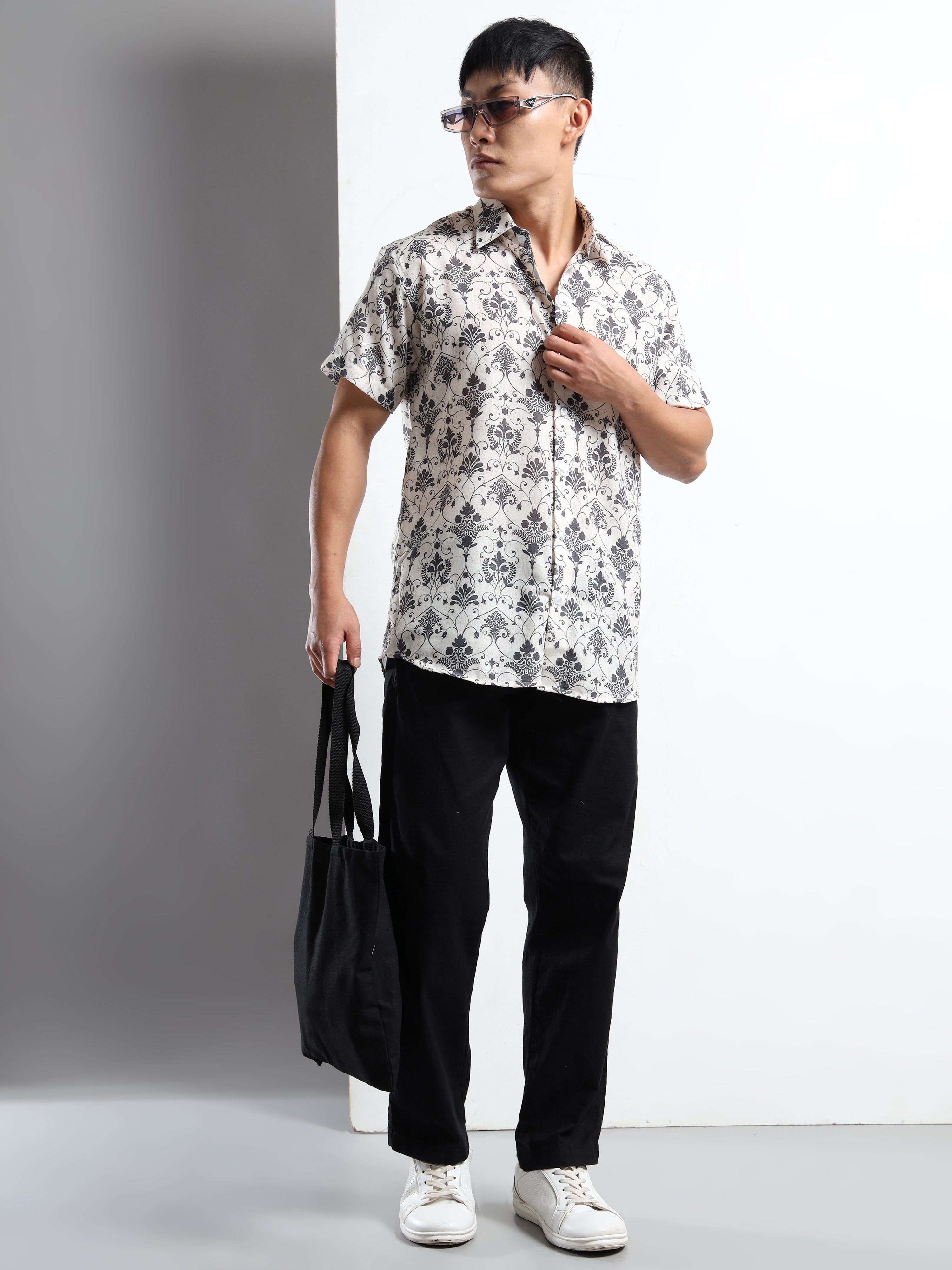Men's Slim Fit Beige Black Damask Floral Printed Casual Shirt