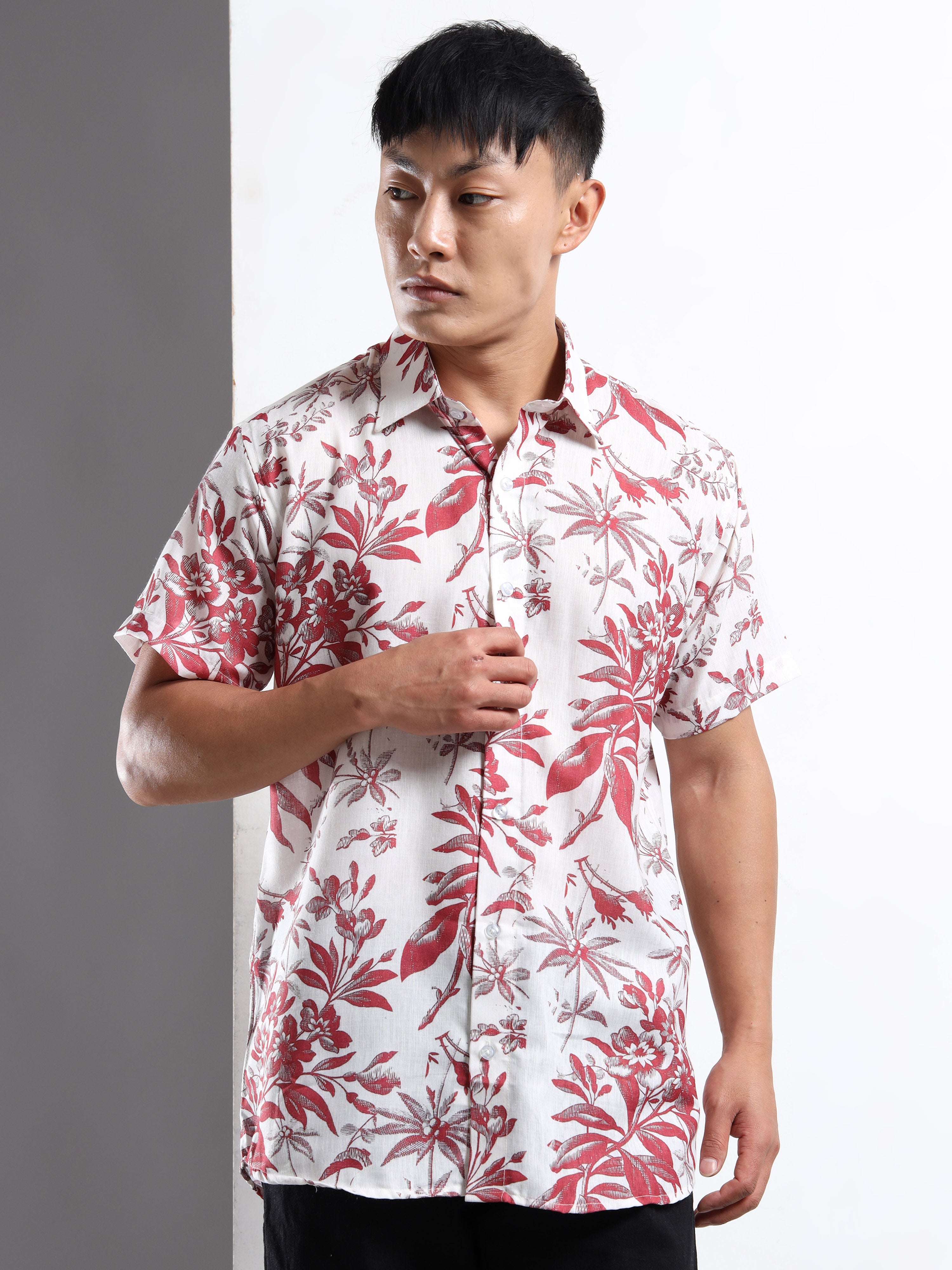 Men's Slim Fit White Red Tropical Floral Printed Casual Shirt