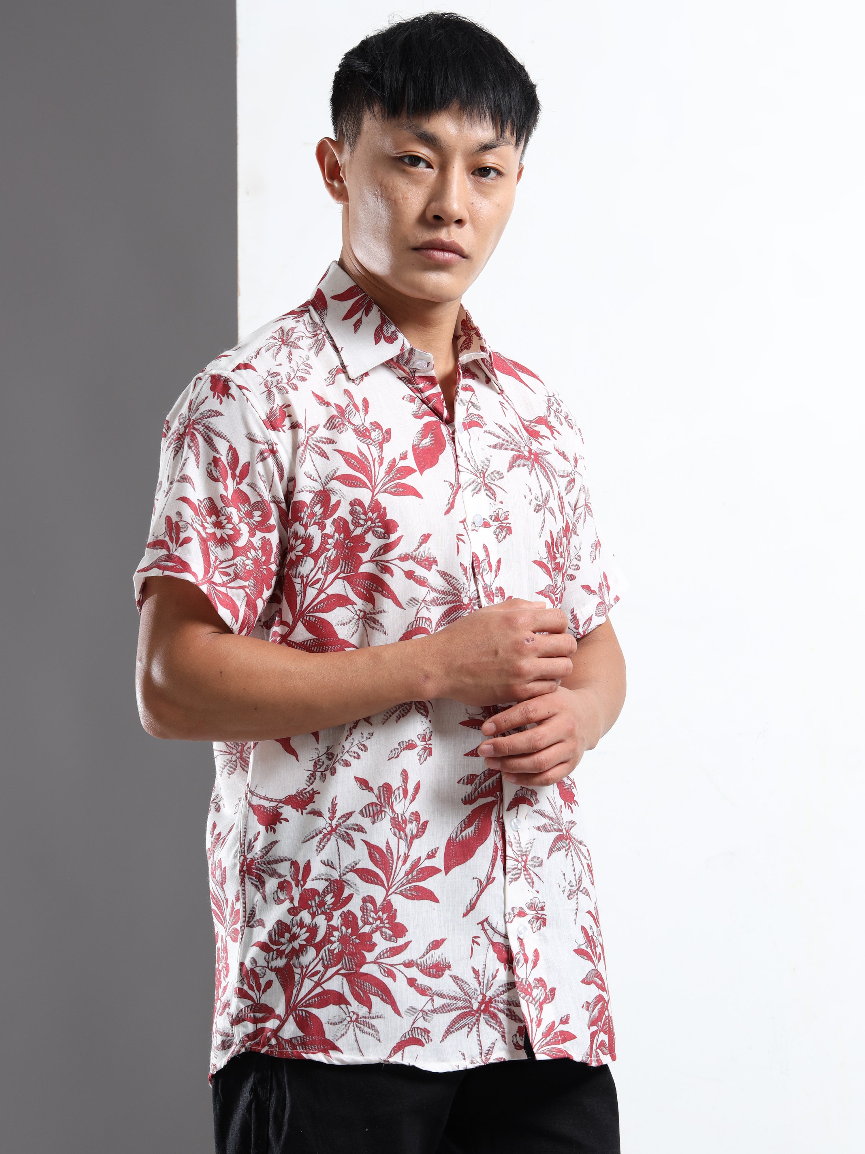 Men's Slim Fit White Red Tropical Floral Printed Casual Shirt