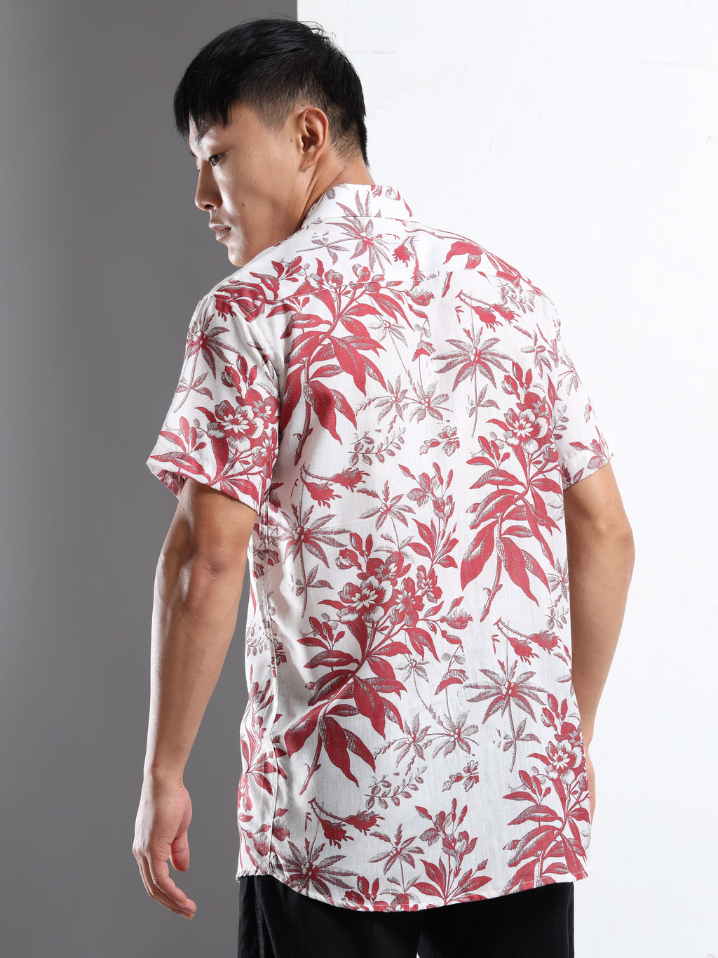 Men's Slim Fit White Red Tropical Floral Printed Casual Shirt