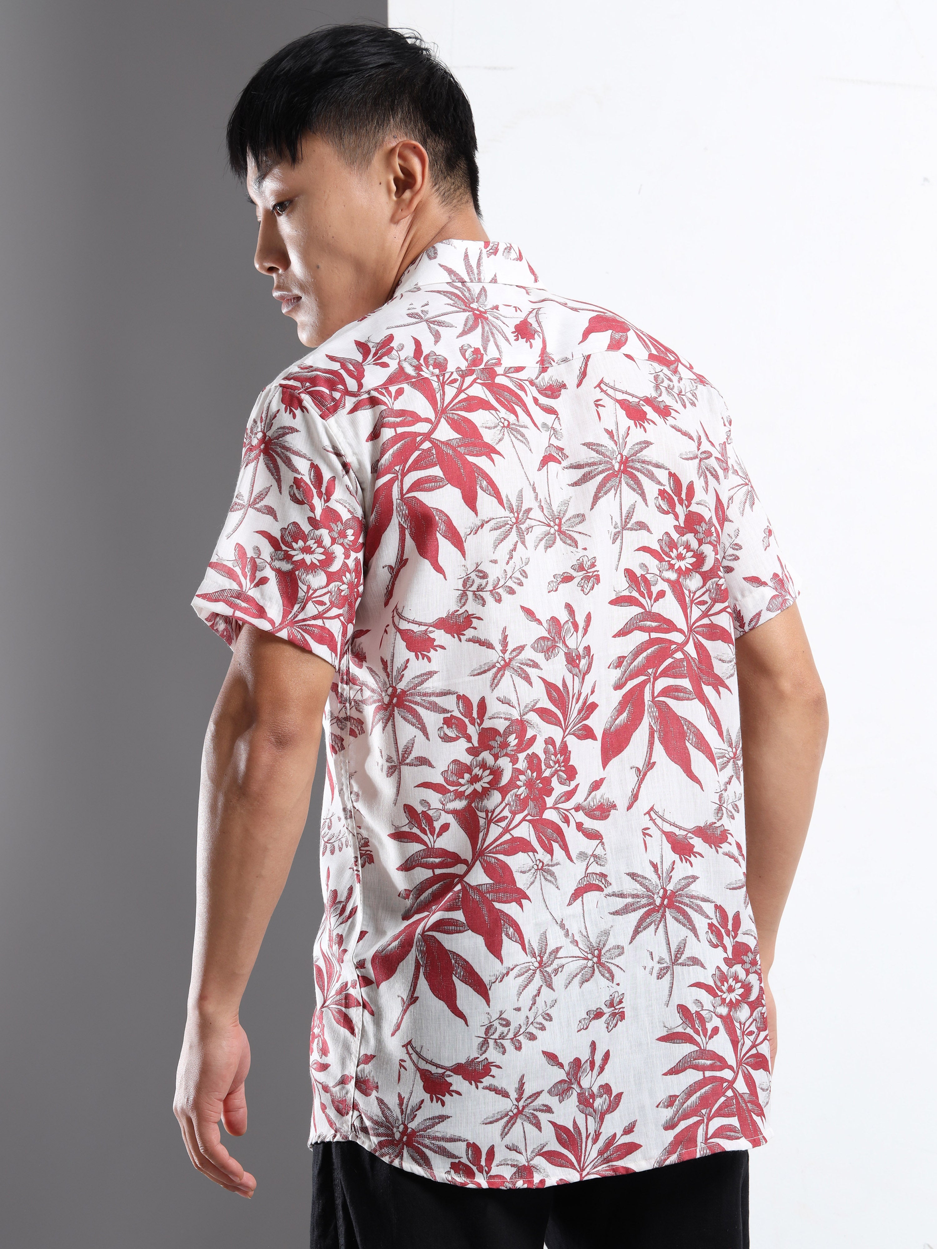 Men's Slim Fit White Red Tropical Floral Printed Casual Shirt