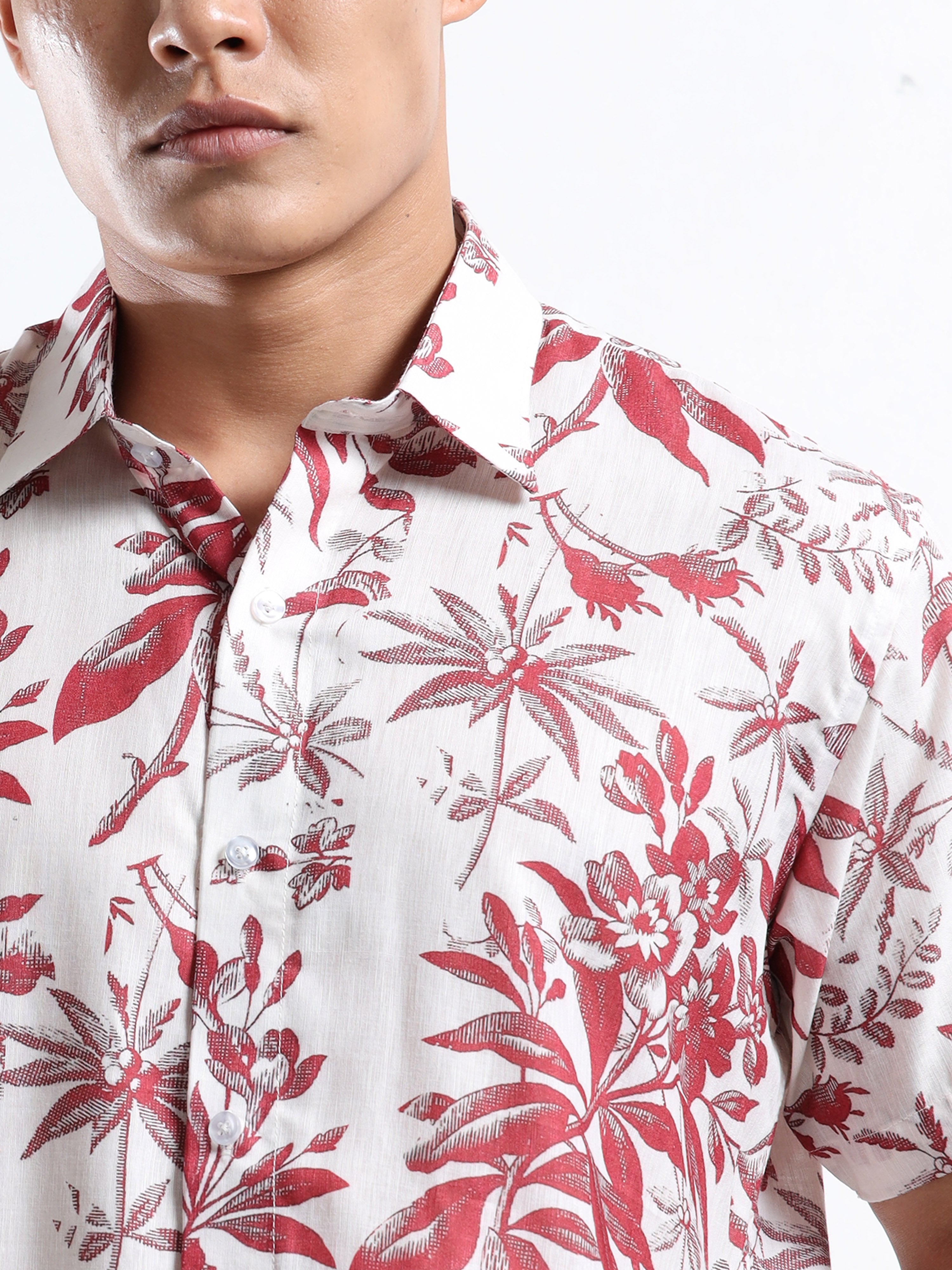 Men's Slim Fit White Red Tropical Floral Printed Casual Shirt