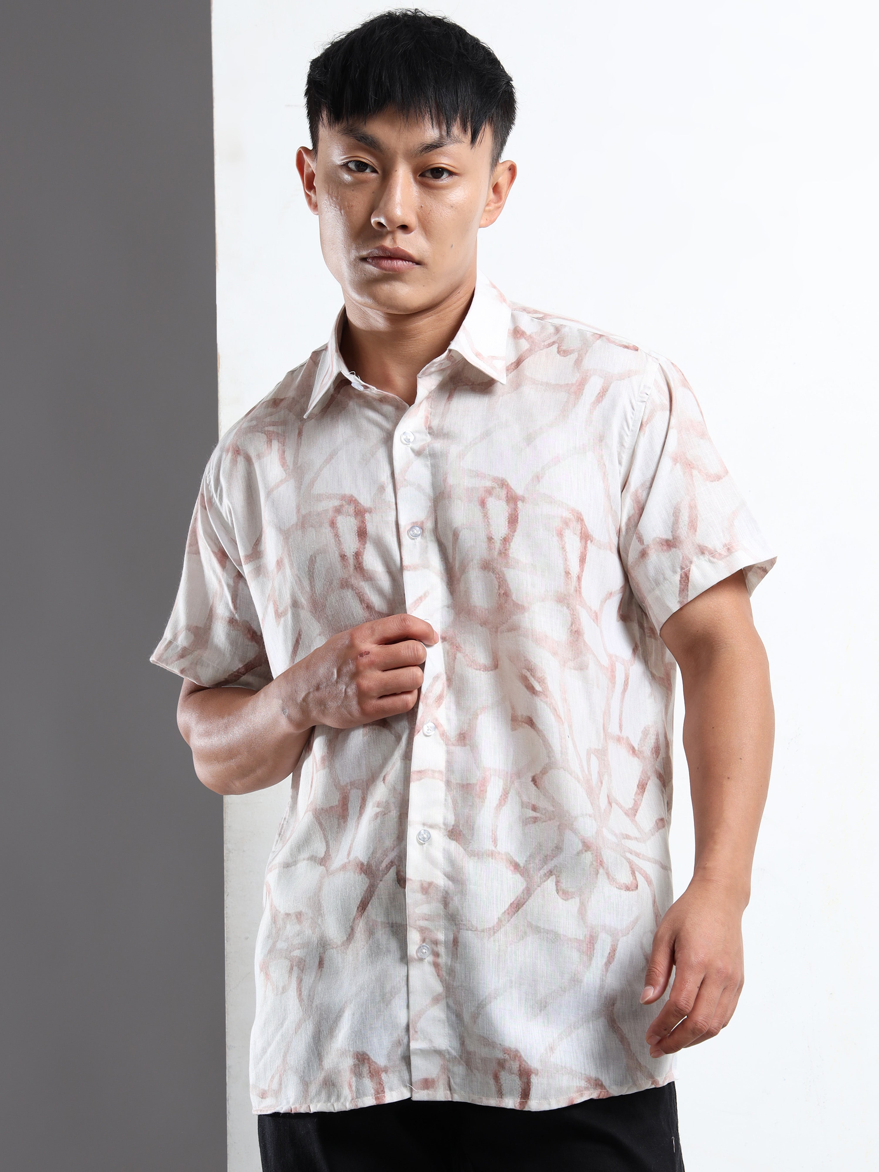 Men's Slim Fit Off-White Brown Swirl Printed Casual Shirt
