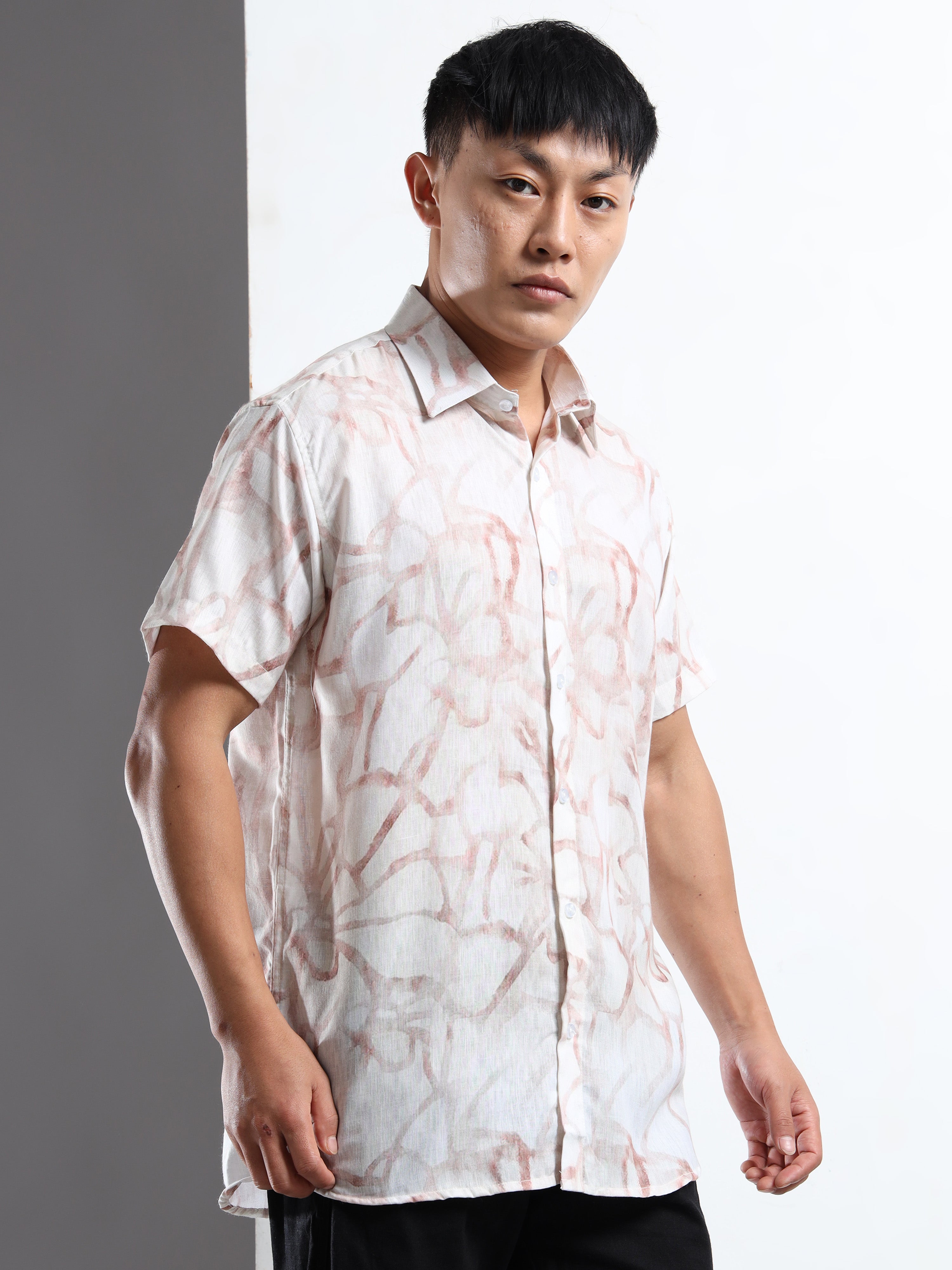 Men's Slim Fit Off-White Brown Swirl Printed Casual Shirt