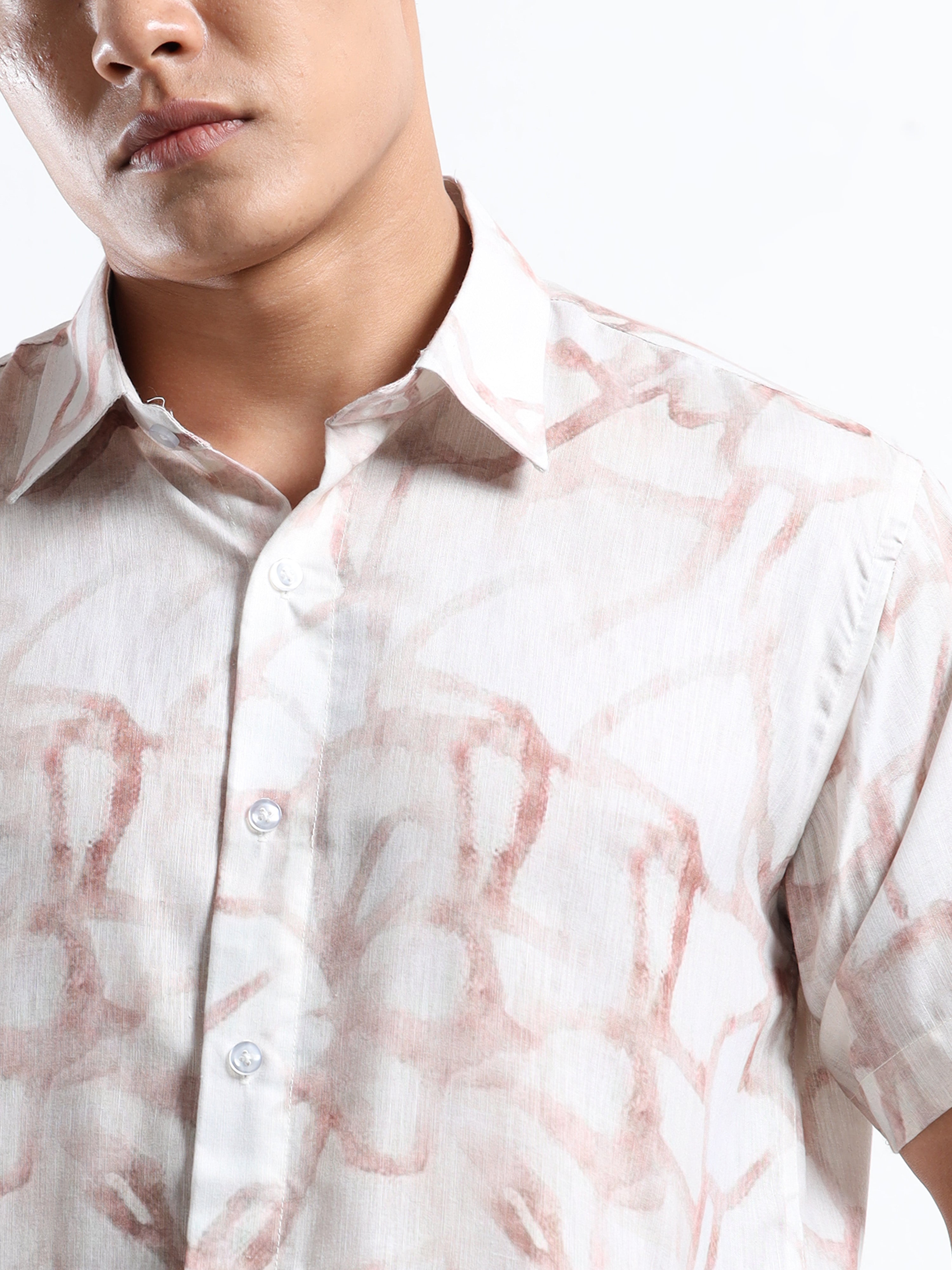 Men's Slim Fit Off-White Brown Swirl Printed Casual Shirt