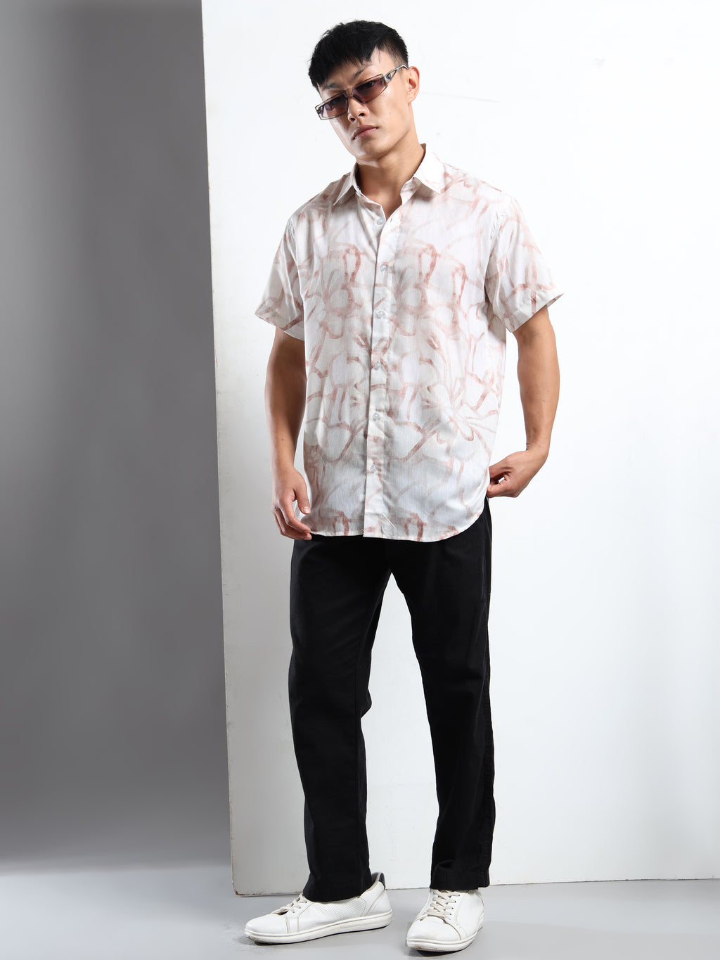 Men's Slim Fit Off-White Brown Swirl Printed Casual Shirt