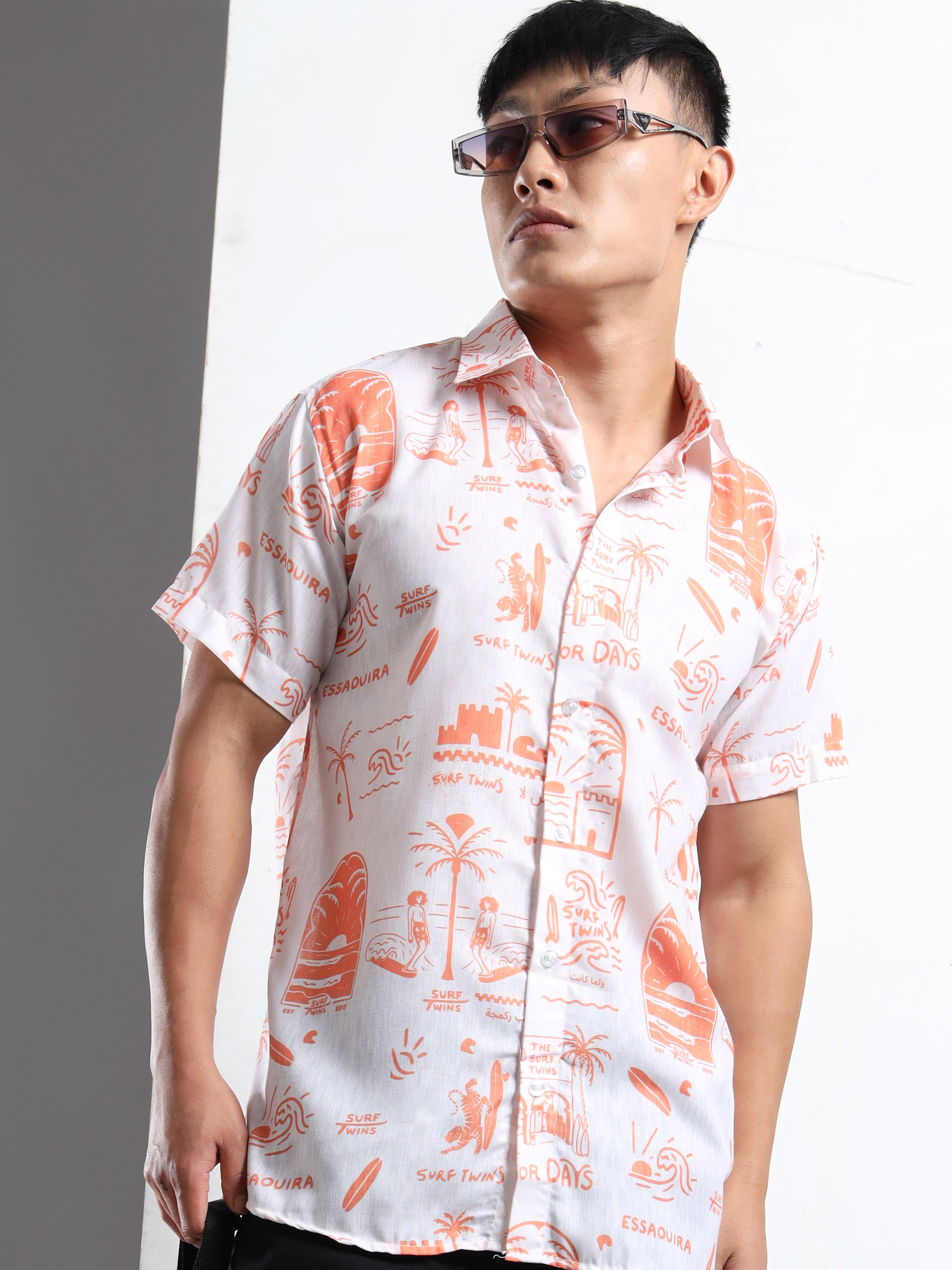 Men's Slim Fit White Orange Surf Print Casual Shirt
