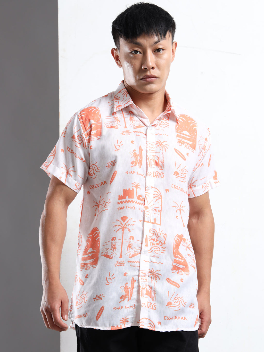 Men's Slim Fit White Orange Surf Print Casual Shirt