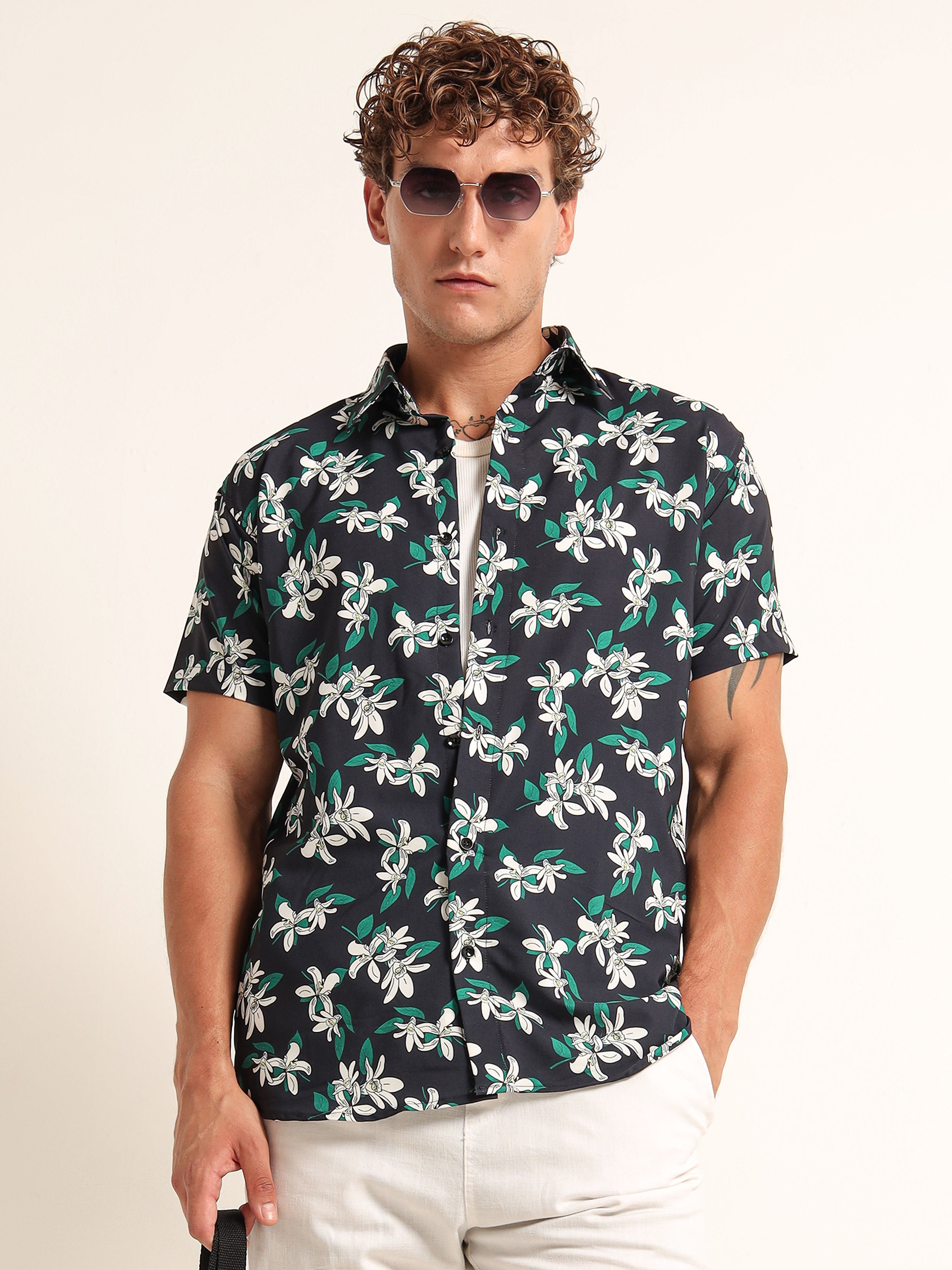 Men's Black and Green Floral Short Sleeve Shirt