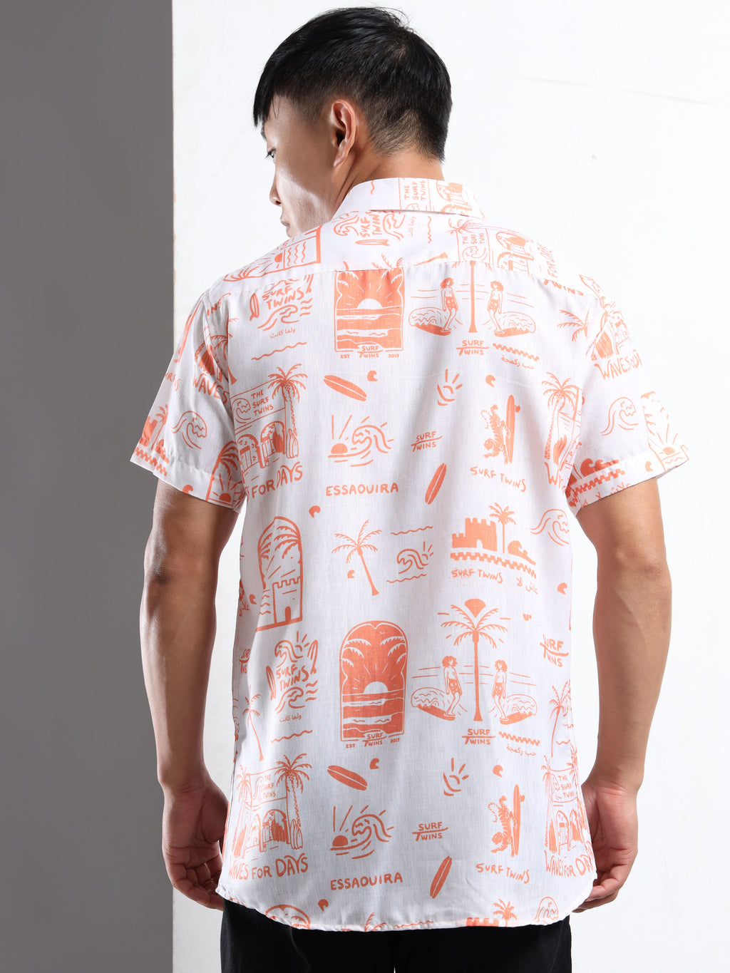 Men's Slim Fit White Orange Surf Print Casual Shirt