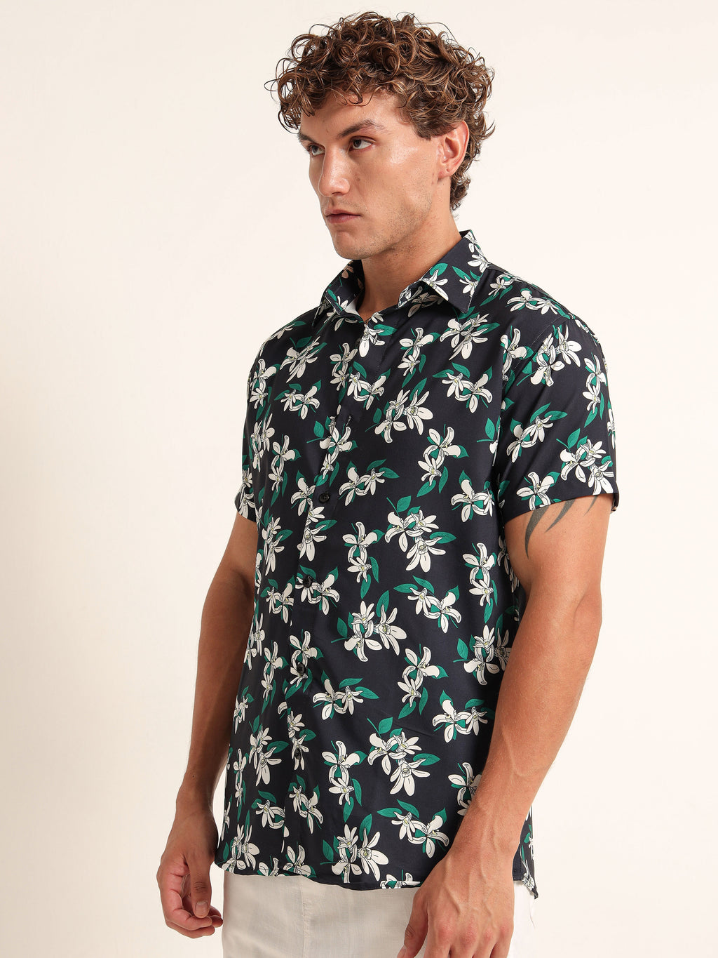 Men's Black and Green Floral Short Sleeve Shirt