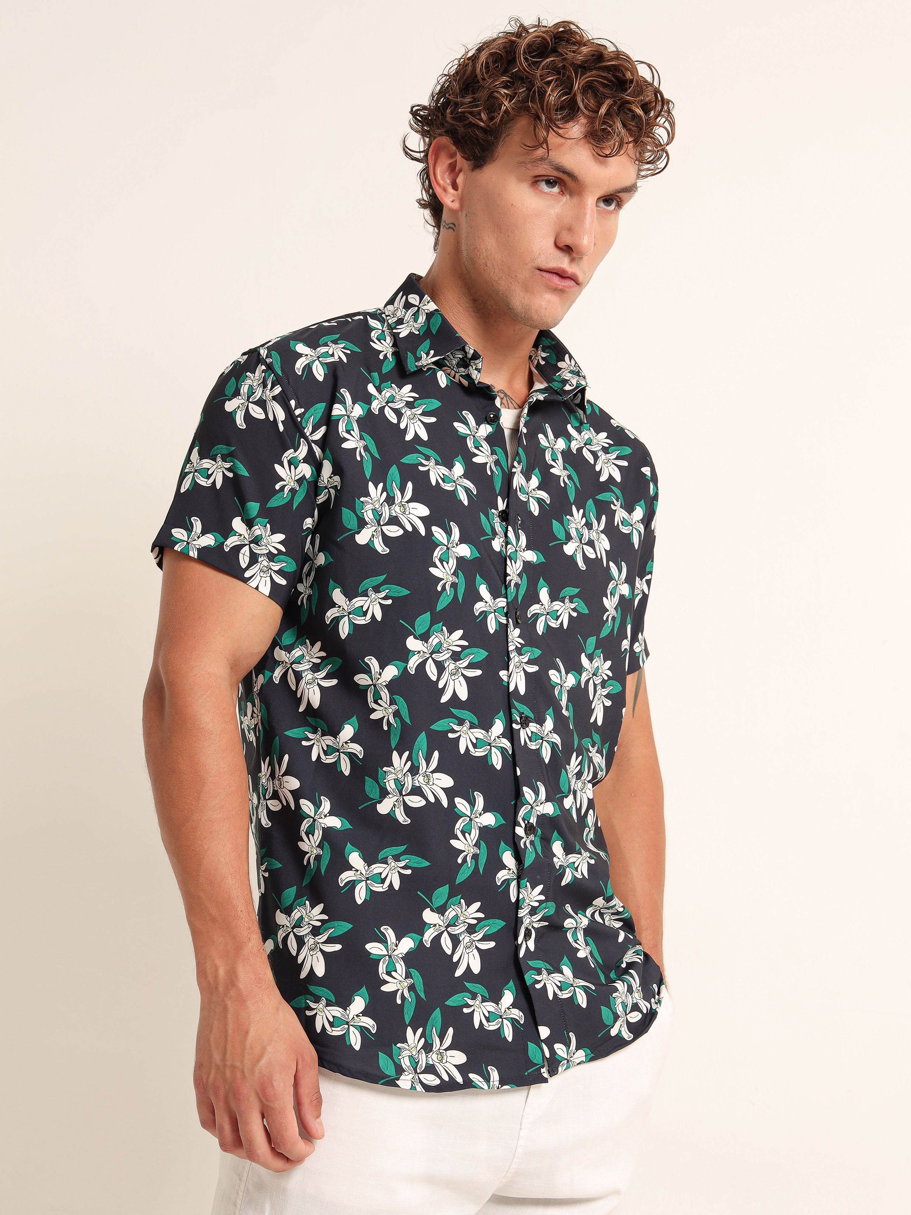 Men's Black and Green Floral Short Sleeve Shirt