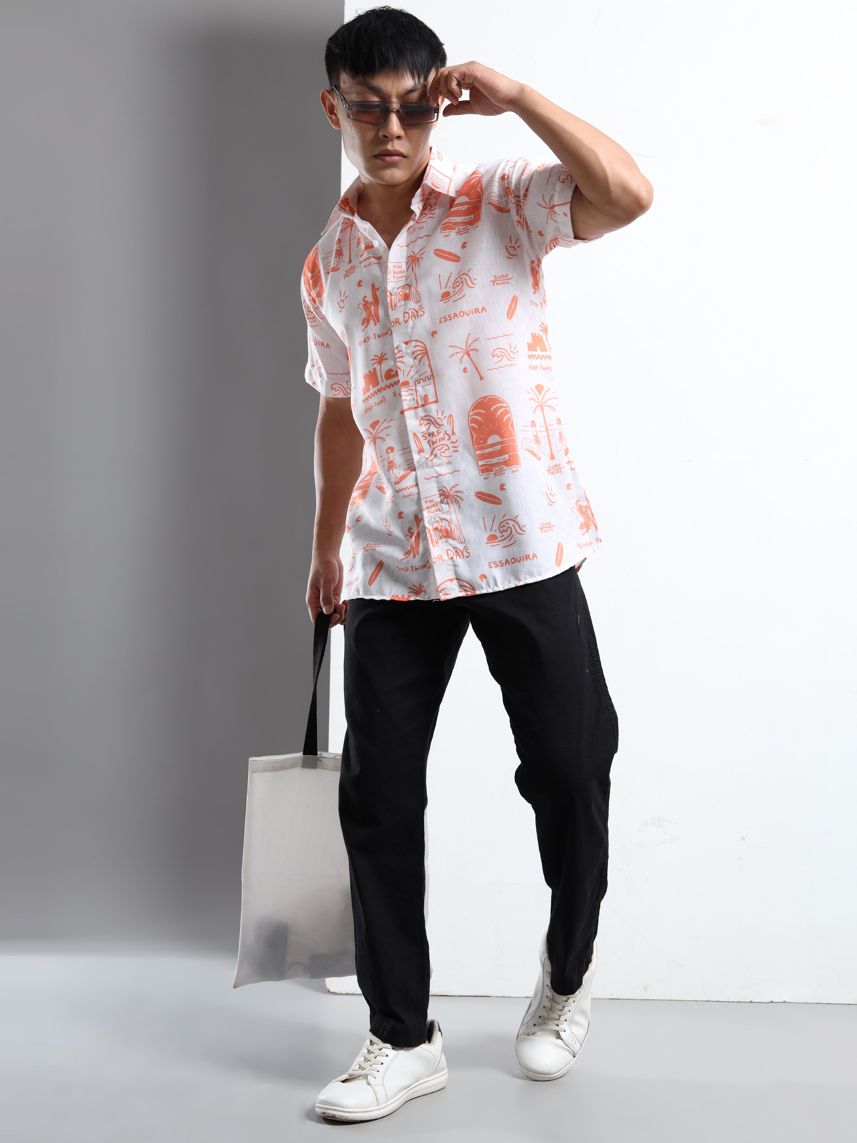 Men's Slim Fit White Orange Surf Print Casual Shirt