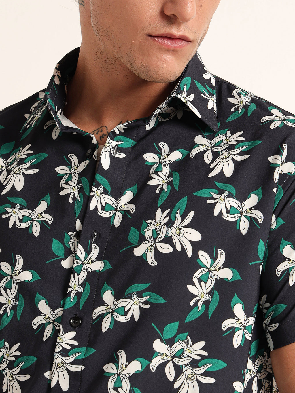 Men's Black and Green Floral Short Sleeve Shirt