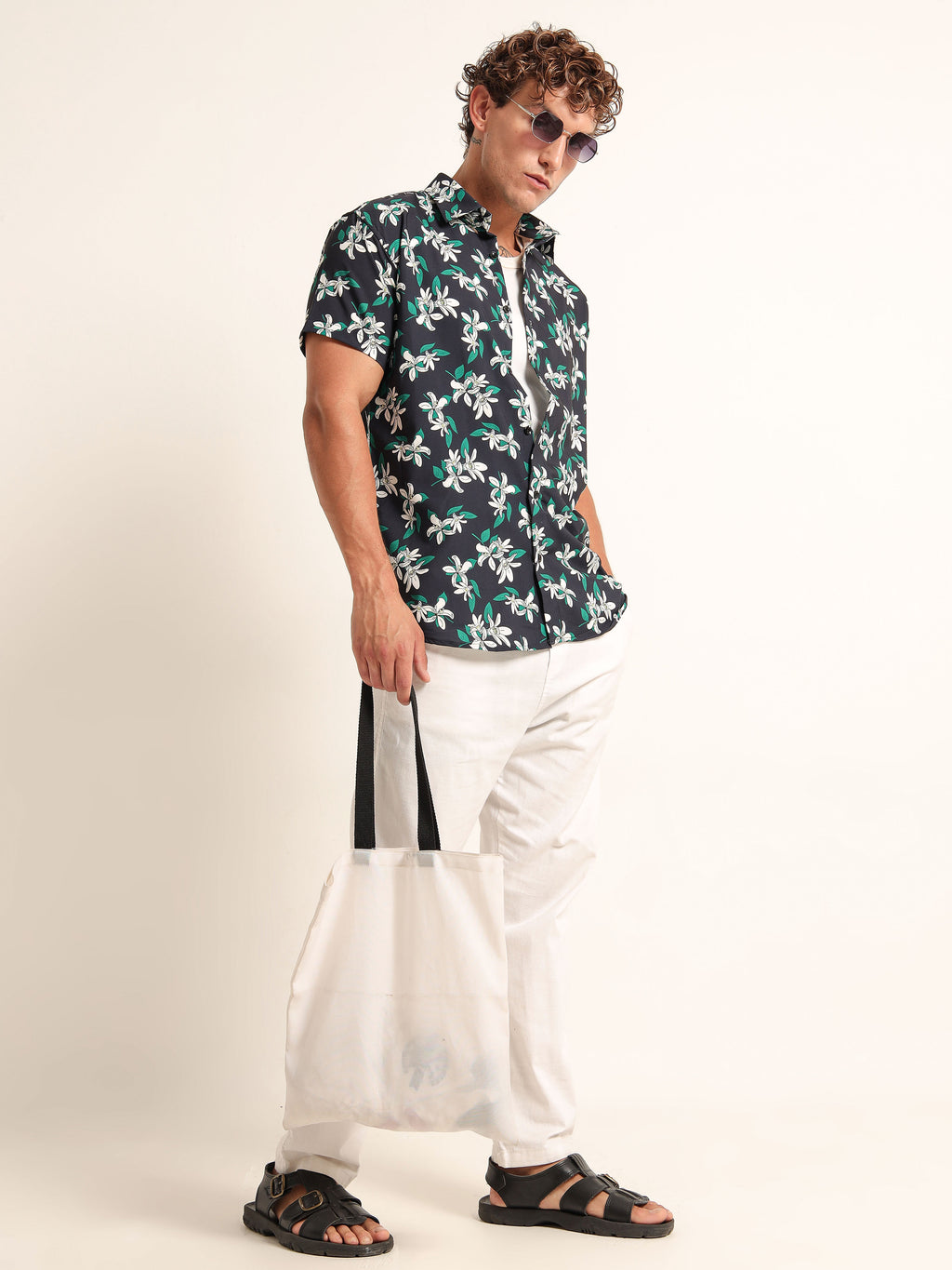 Men's Black and Green Floral Short Sleeve Shirt