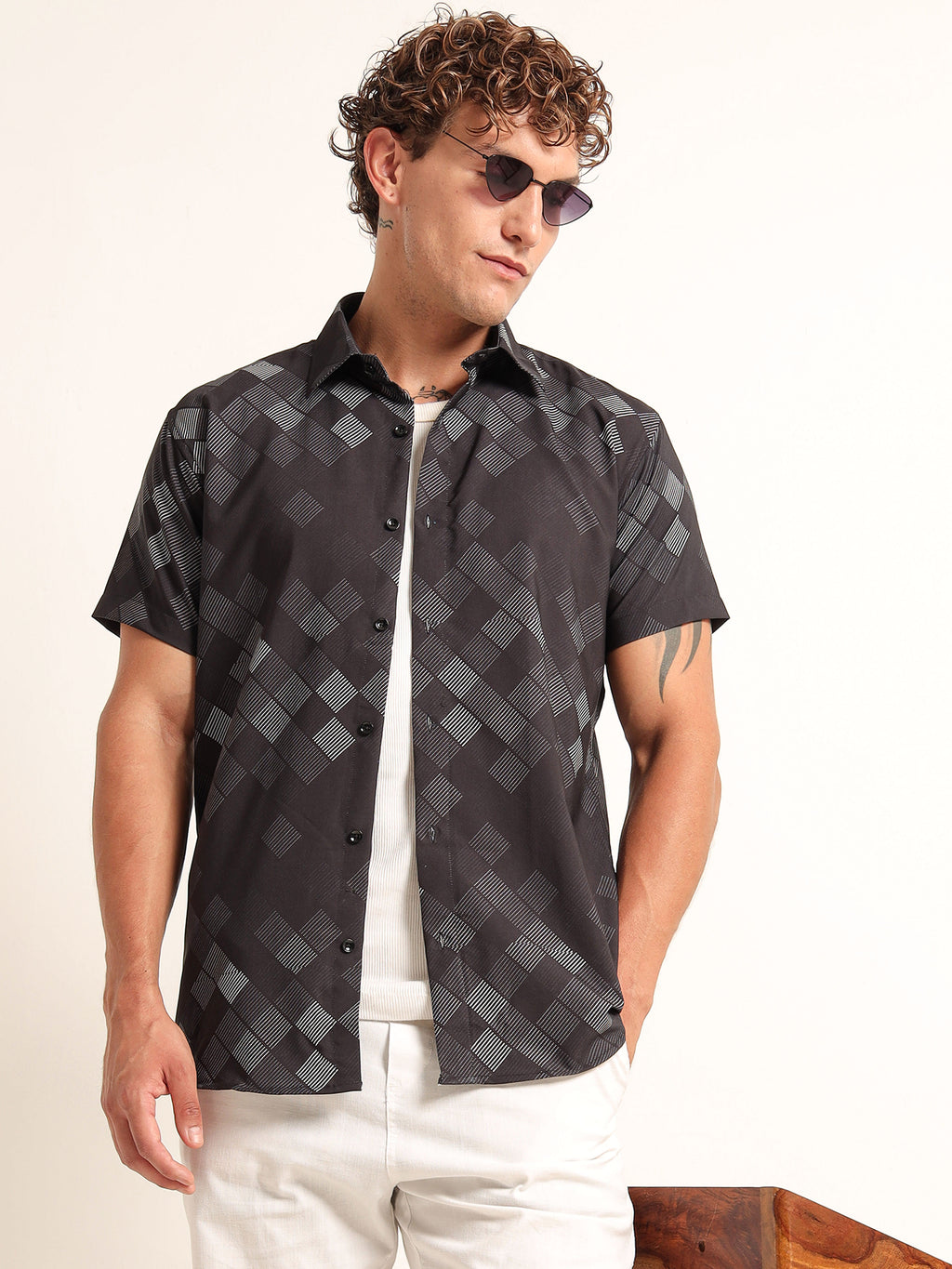 Men Slim Fit Geometric Printed Spread Collar Casual Black Grey Shirt