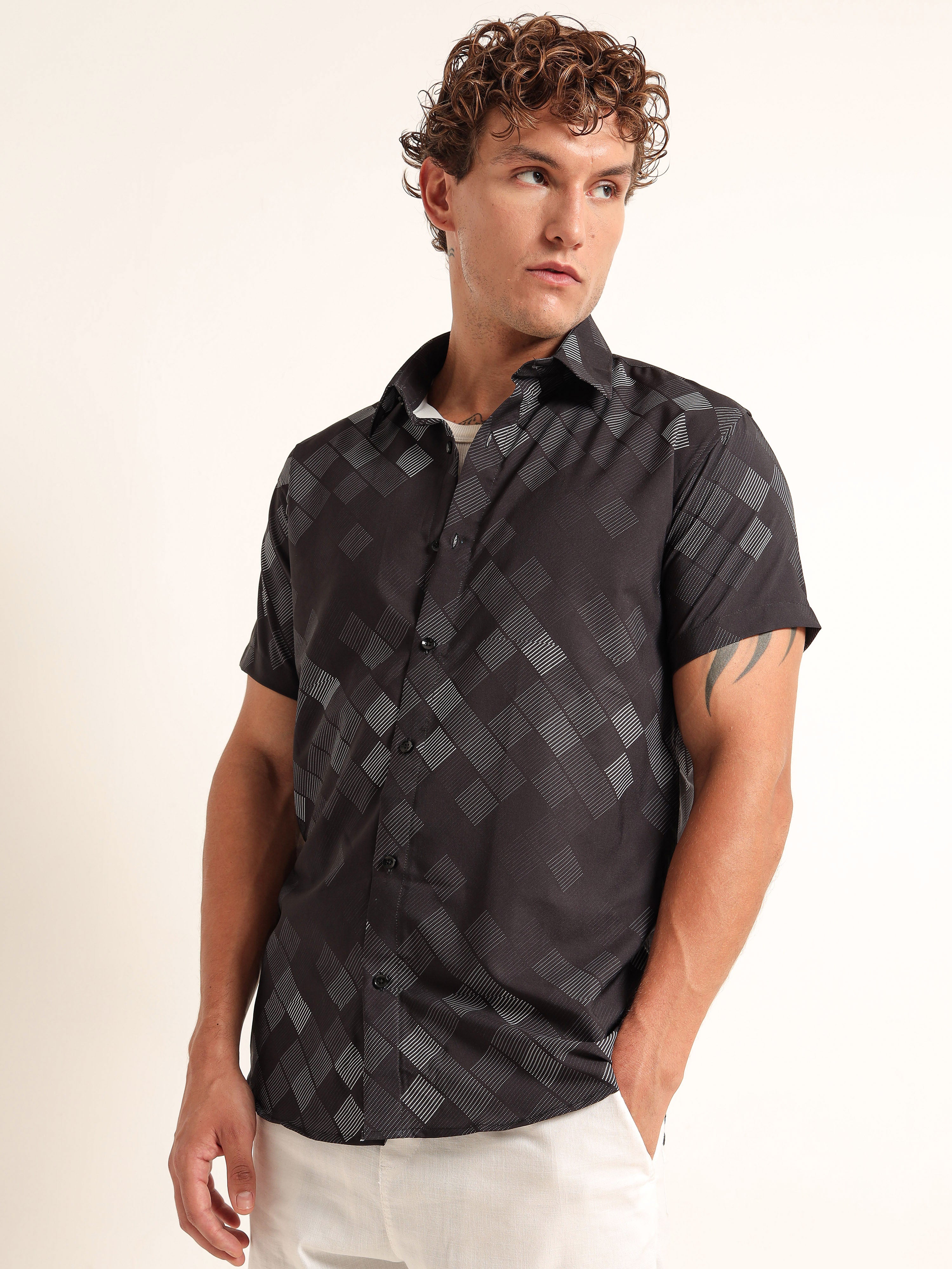 Men Slim Fit Geometric Printed Spread Collar Casual Black Grey Shirt