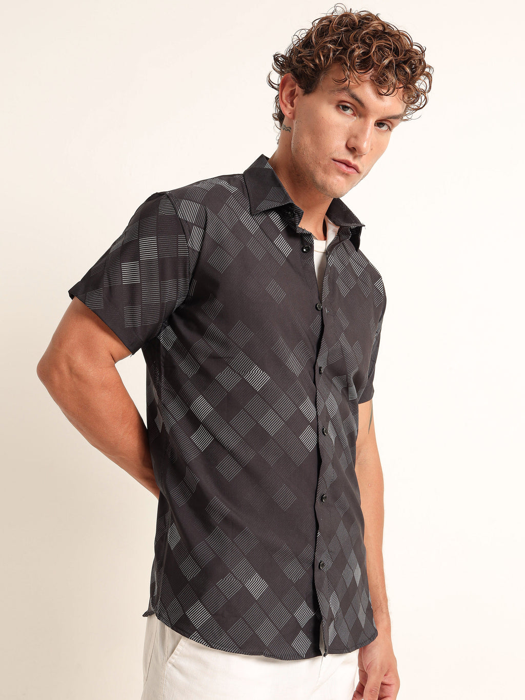 Men Slim Fit Geometric Printed Spread Collar Casual Black Grey Shirt